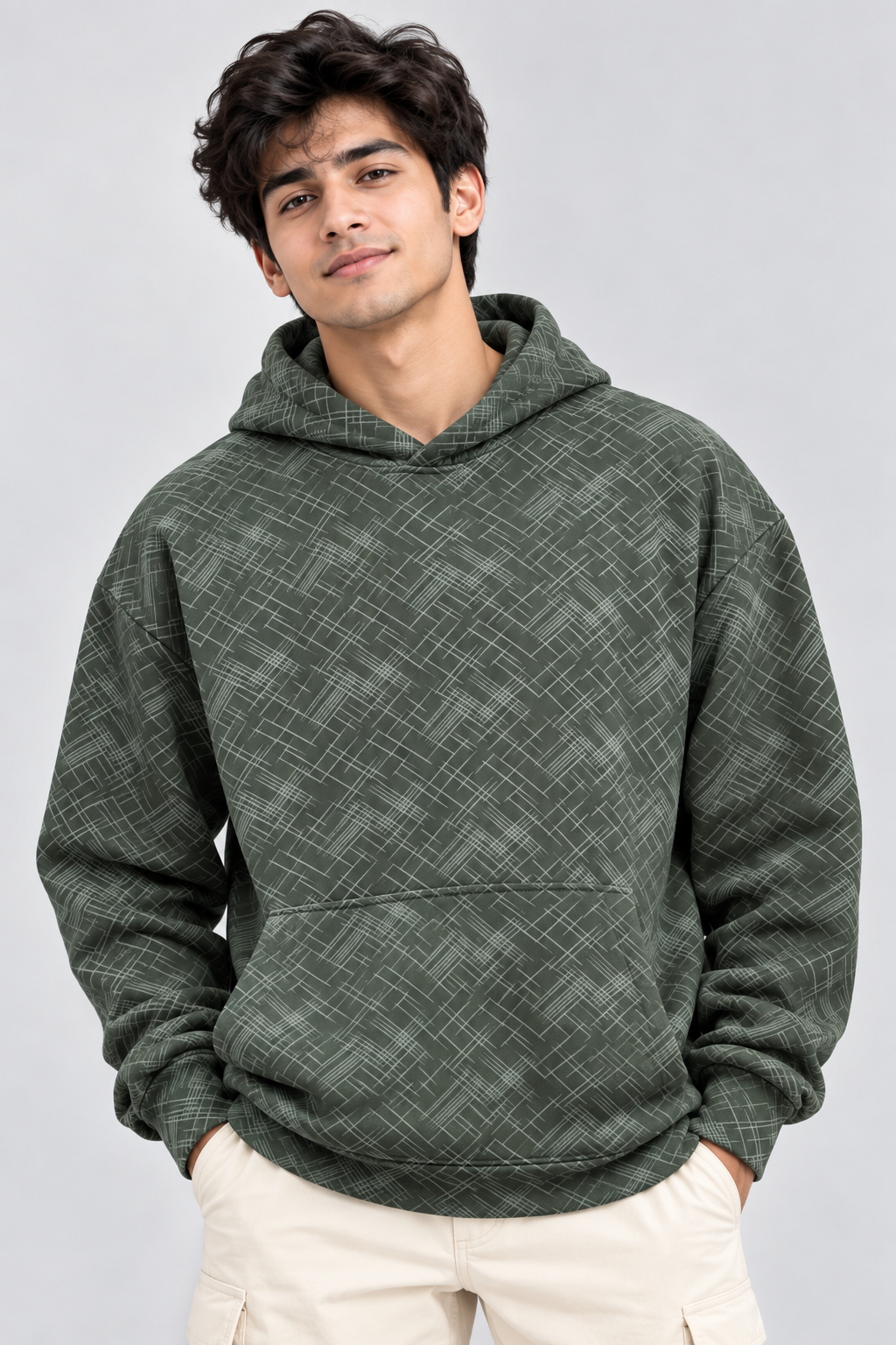 Amoldo Men's Printed Pullover Hooded Sweatshirt | 400+ GSM | Olive