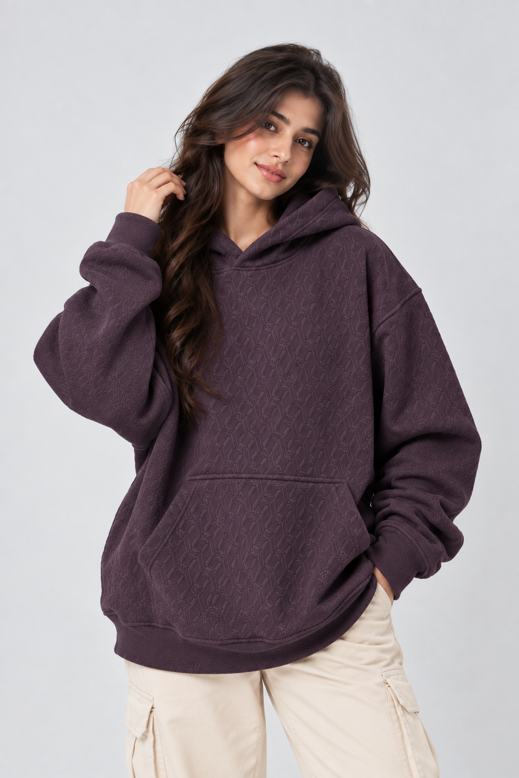 AMOLDO Women's Oversized Textured Pullover Hoodie | 400+ GSM | Dark Plum