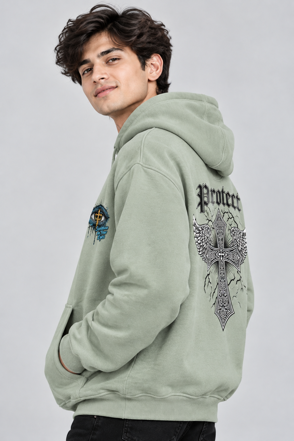 Amoldo Men's Fleece Hoodie with Graphic Print | 400+ GSM Sweatshirt | Sage Green