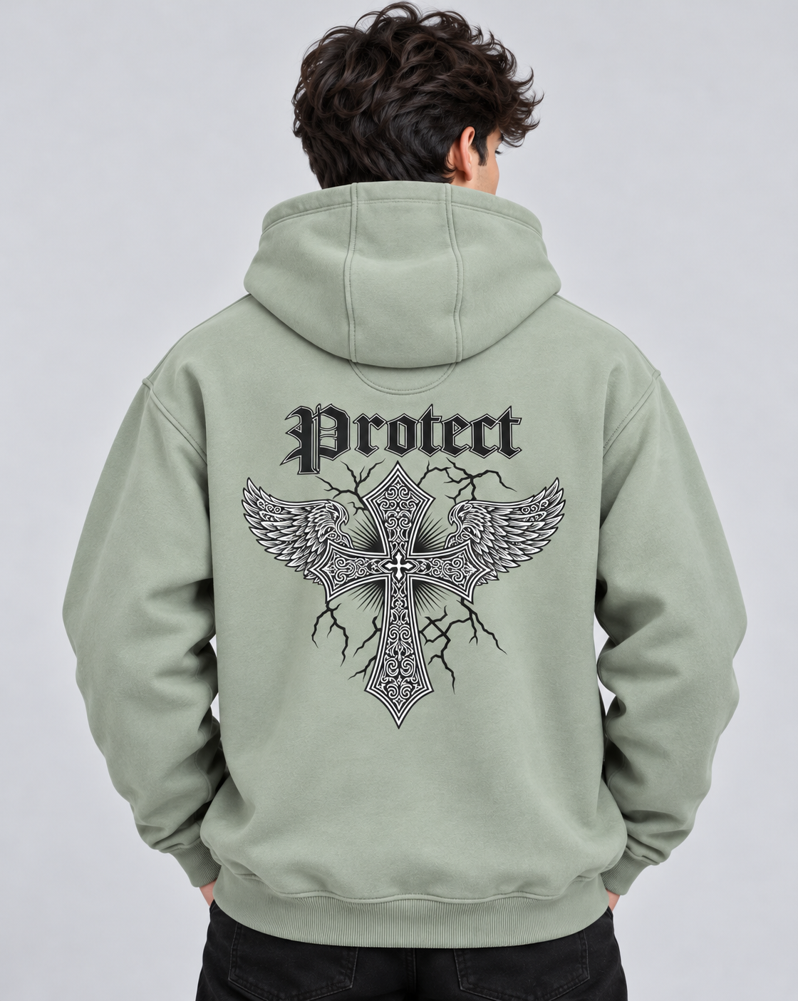 Amoldo Men's Fleece Hoodie with Graphic Print | 400+ GSM Sweatshirt | Sage Green