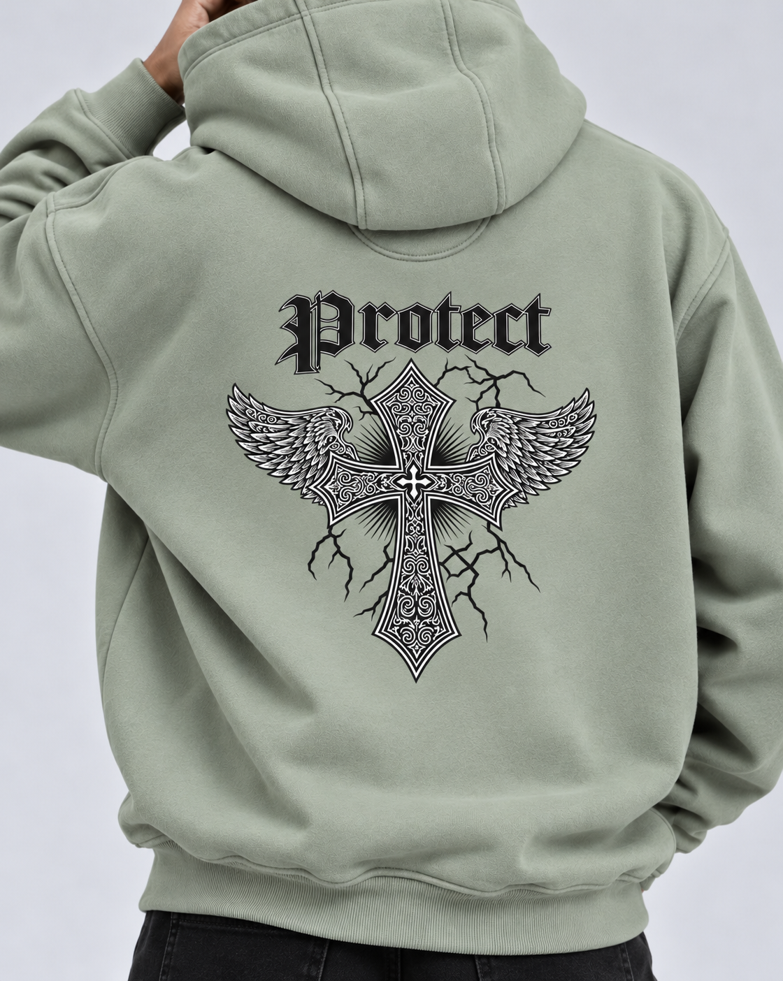 Amoldo Men's Fleece Hoodie with Graphic Print | 400+ GSM Sweatshirt | Sage Green