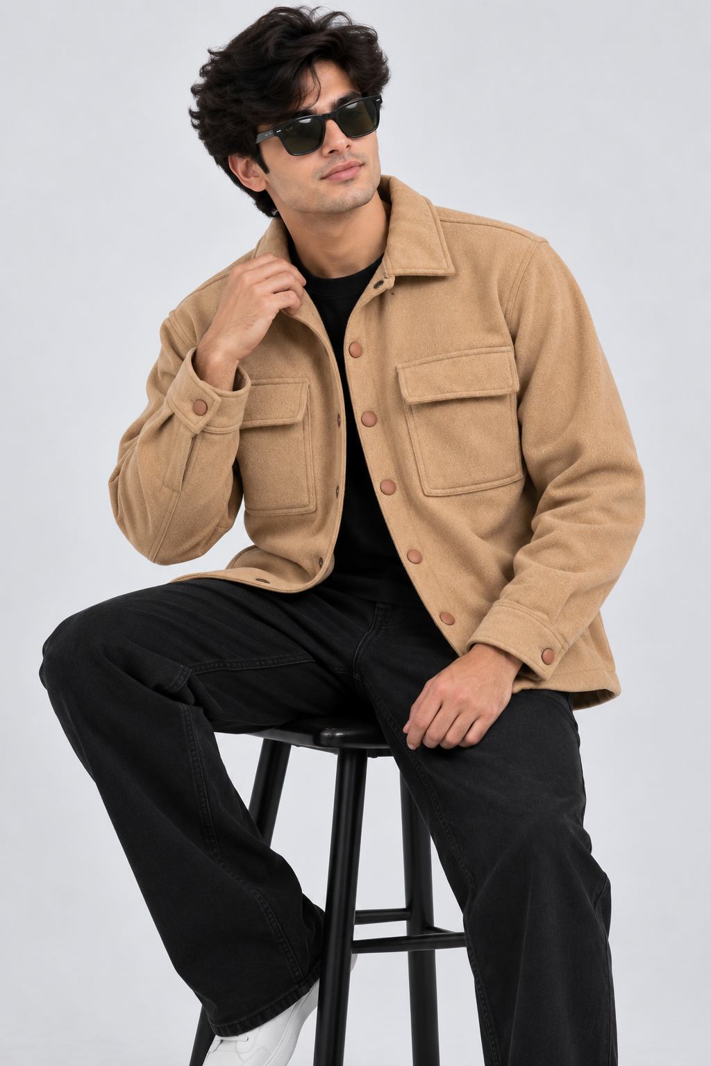 AMOLDO Men's Shacket with Snap Button Closure and Dual Chest Pockets | Velvet Fleece Lined | Beige