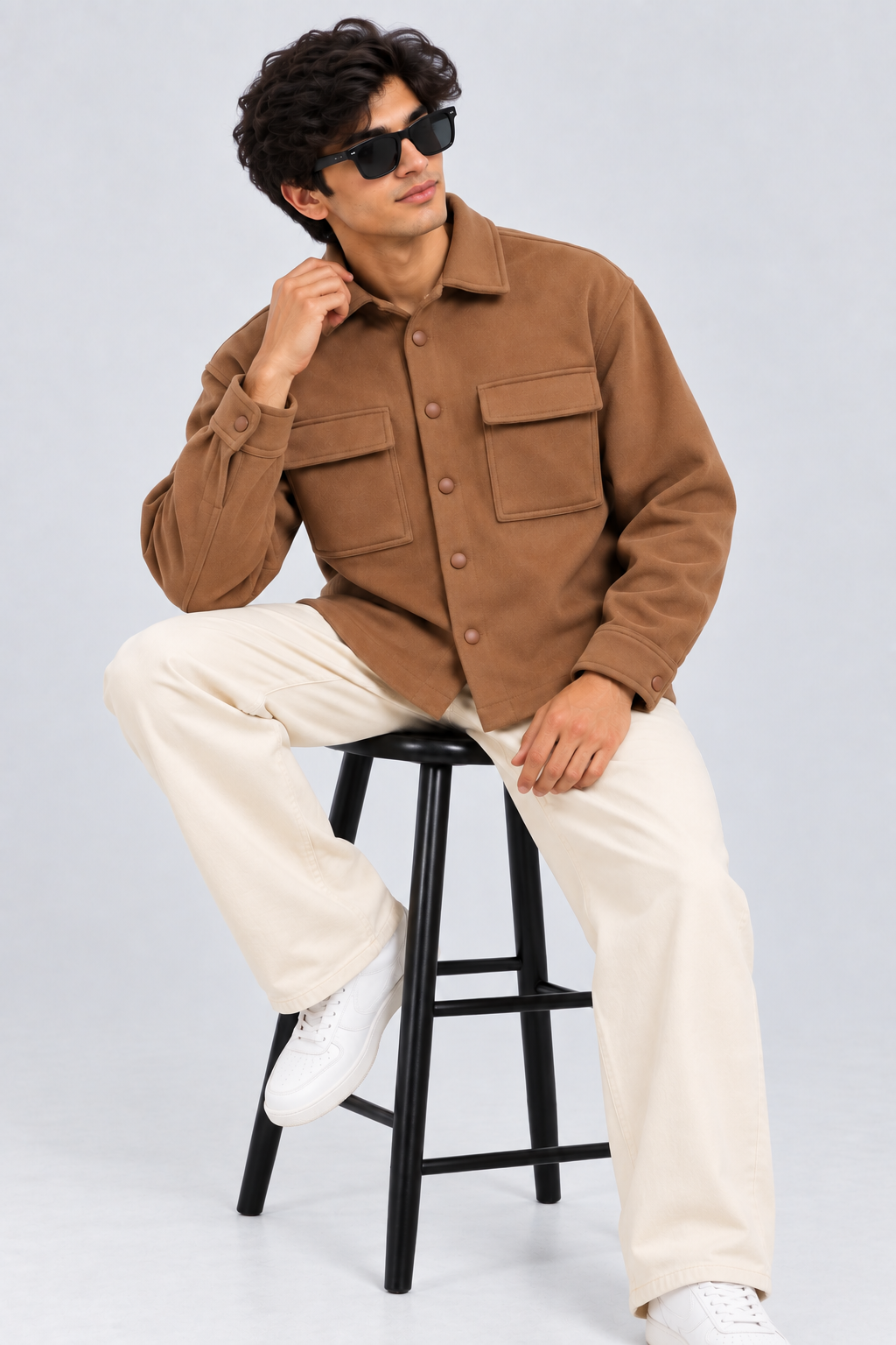 AMOLDO Men's Shacket with Snap Button Closure and Dual Chest Pockets | Velvet Fleece Lined | Brown