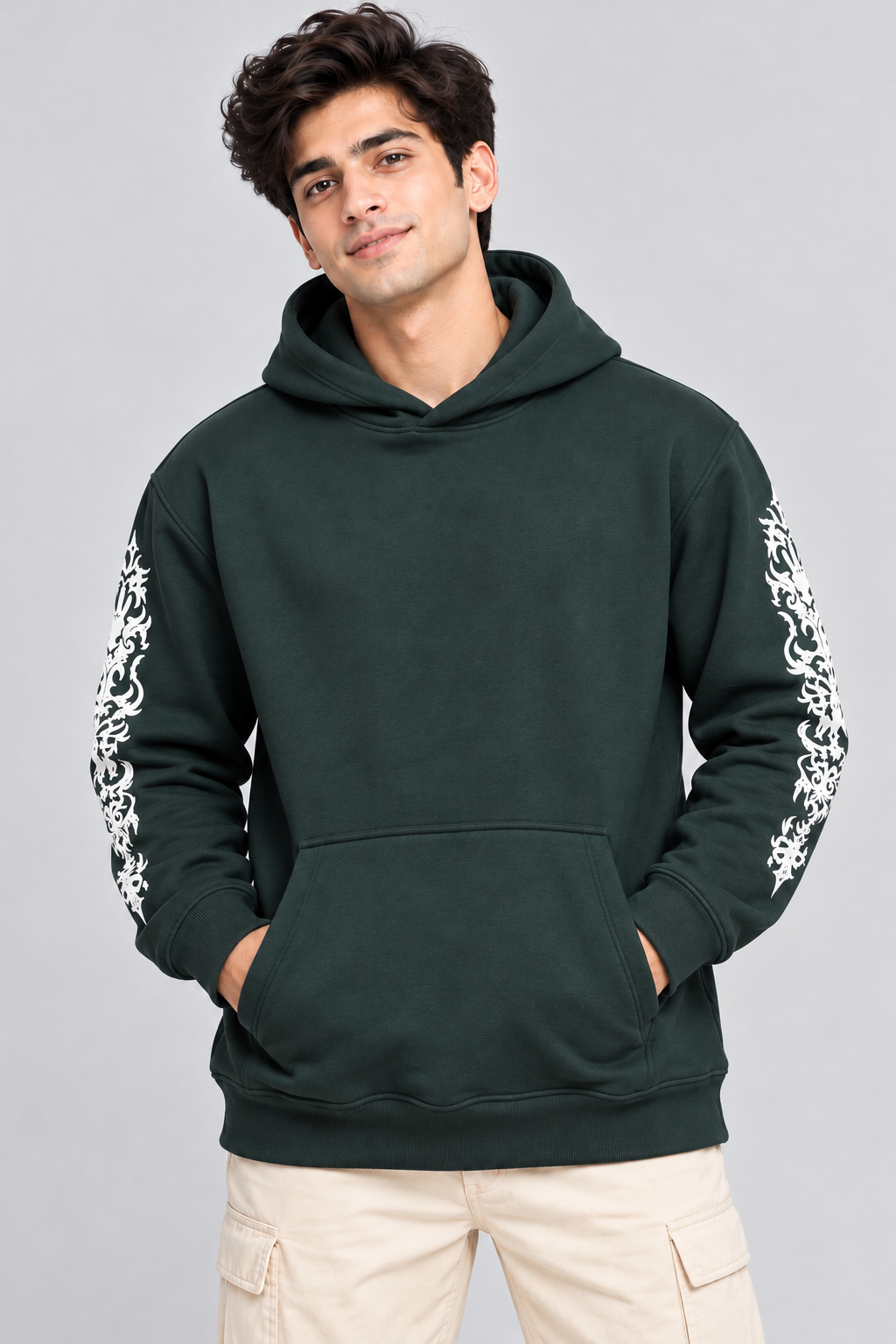 Men's Hooded Sweatshirt with White Graphic Print | 400+ GSM | Dark Green