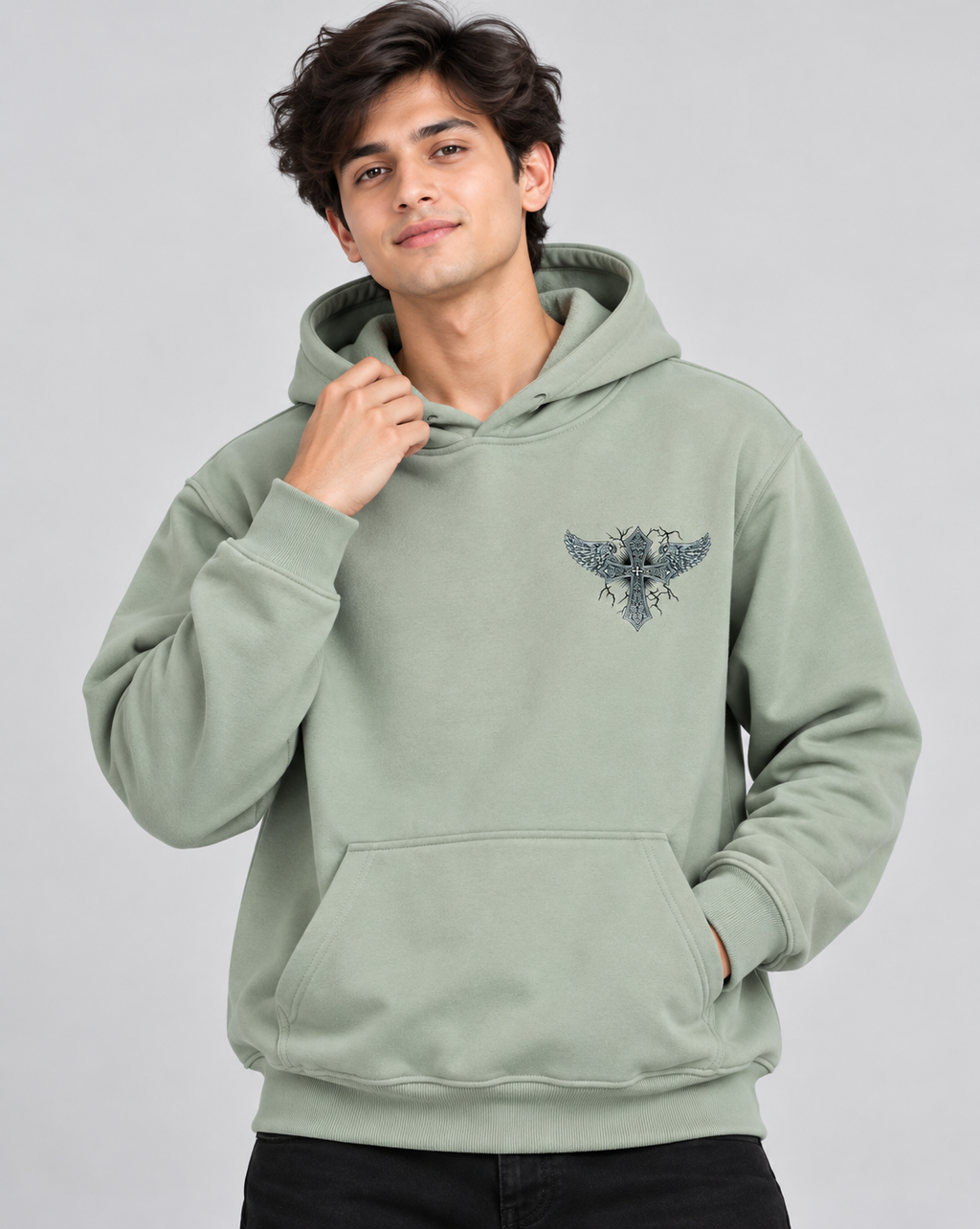 Amoldo Men's Fleece Hoodie with Graphic Print | 400+ GSM Sweatshirt | Sage Green