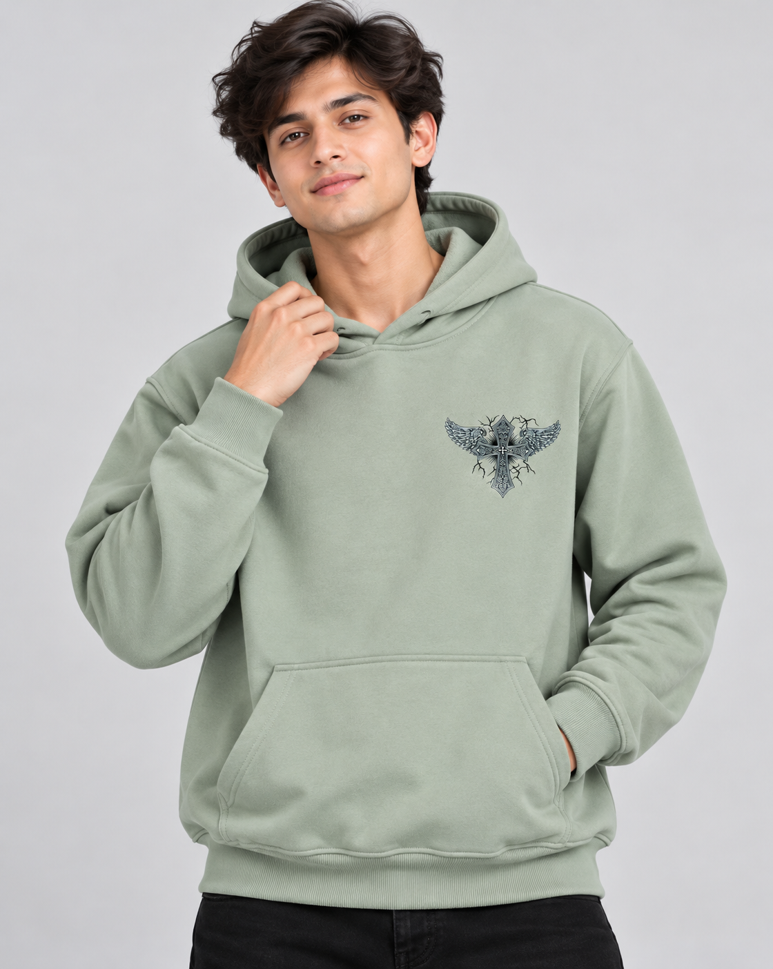 Amoldo Men's Fleece Hoodie with Graphic Print | 400+ GSM Sweatshirt | Sage Green