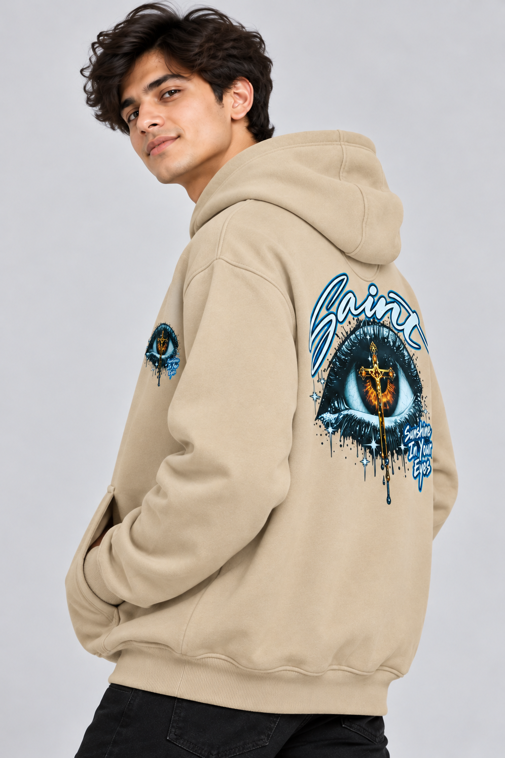 Amoldo Men's Fleece Hoodie with Graphic Print | 400+ GSM Sweatshirt | Beige