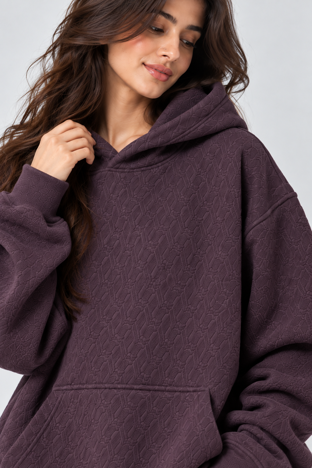 AMOLDO Women's Oversized Textured Pullover Hoodie | 400+ GSM | Dark Plum