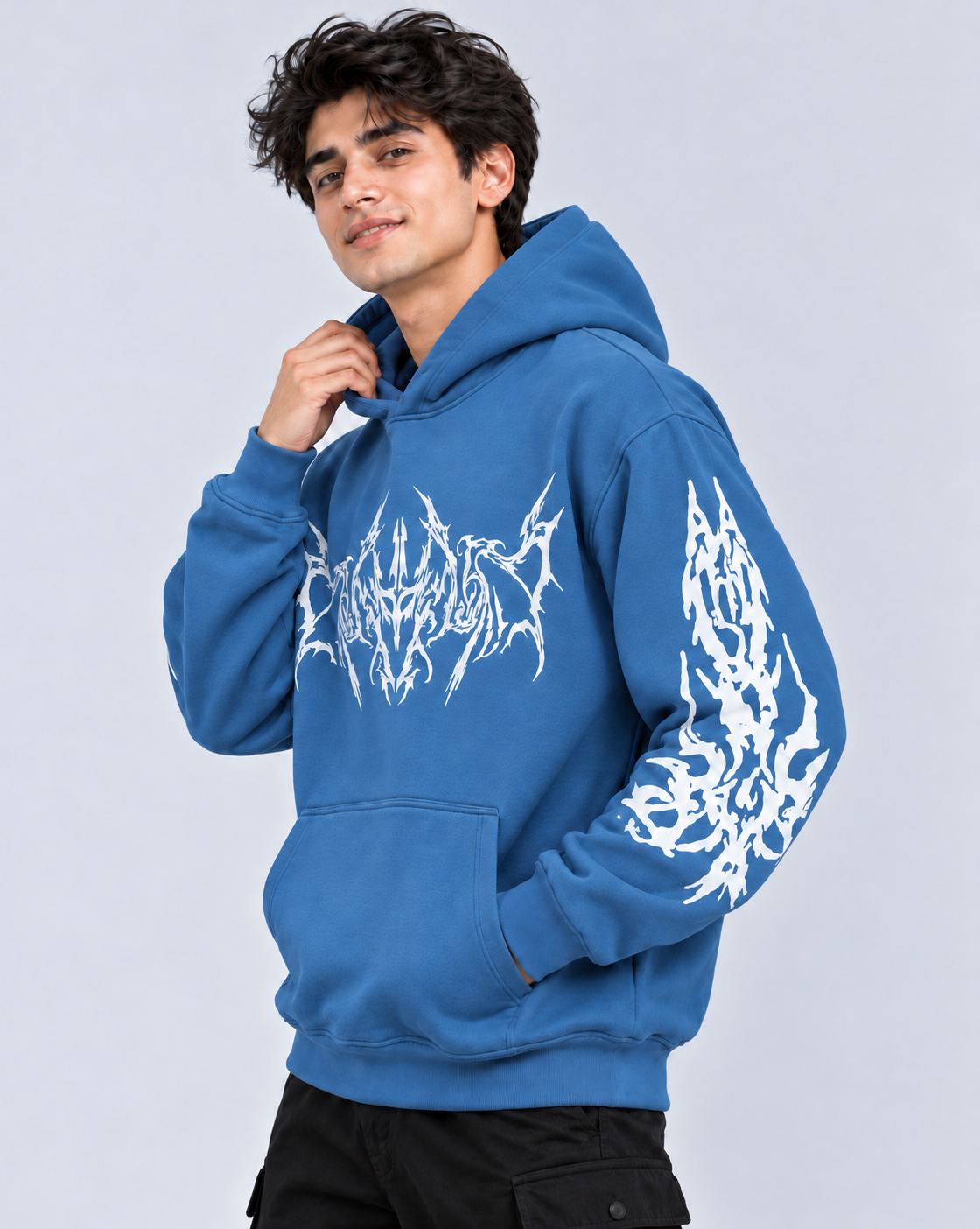 Men's Hooded Sweatshirt with White Graphic Print | 400+ GSM | Blue