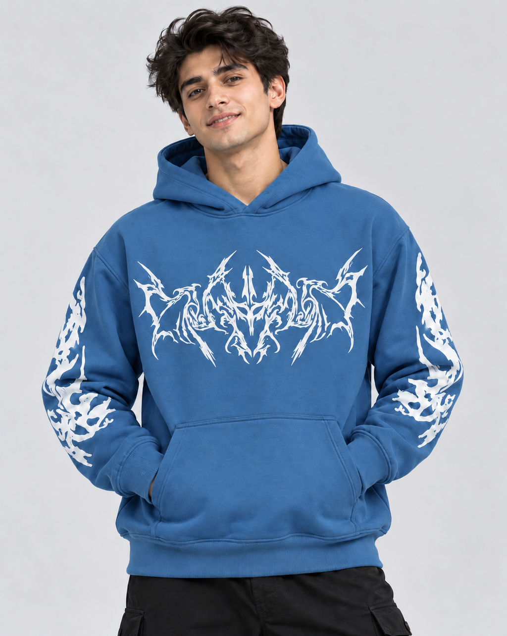 Men's Hooded Sweatshirt with White Graphic Print | 400+ GSM | Blue