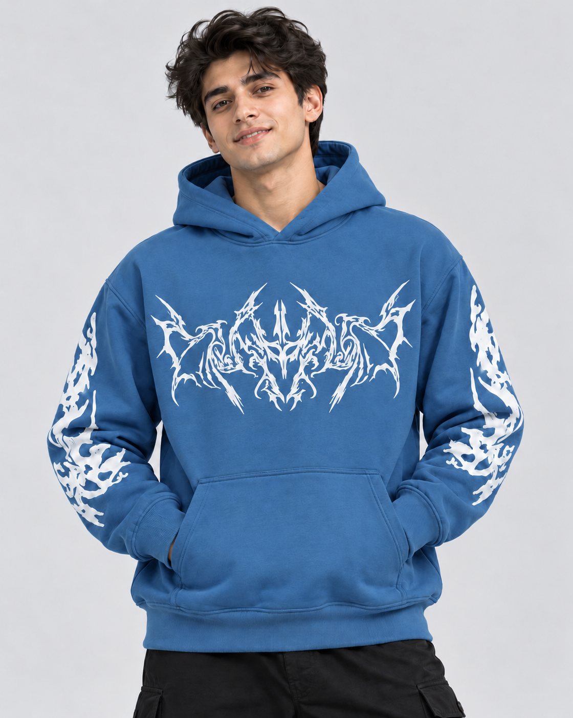 Men's Hooded Sweatshirt with White Graphic Print | 400+ GSM | Blue