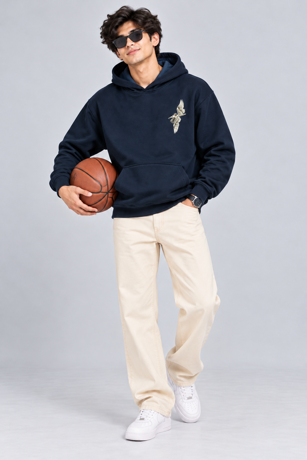 Amoldo Men's Fleece Hoodie with Graphic Print | 400+ GSM Sweatshirt | Navy