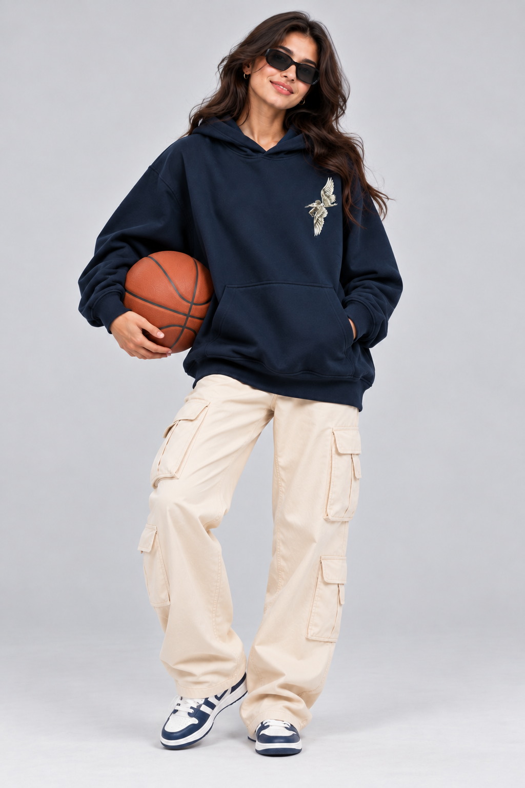 AMOLDO Women's Oversized Fleece Lined Hooded Sweatshirt | 400+ GSM | Navy