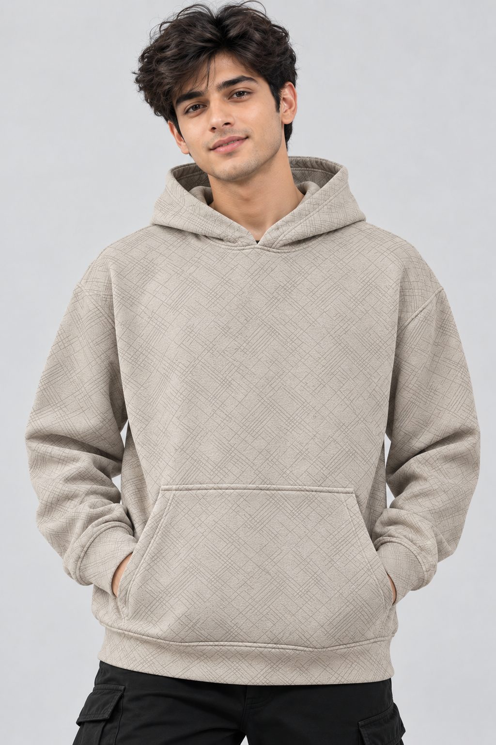 Amoldo Men's Printed Pullover Hooded Sweatshirt | 400+ GSM | Cream