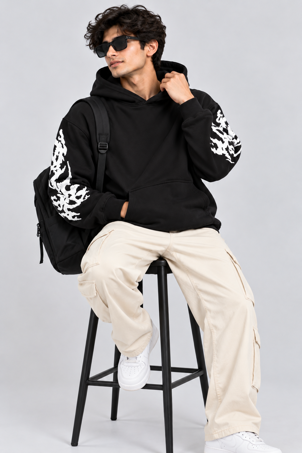 Men's Hooded Sweatshirt with White Graphic Print | 400+ GSM | Black