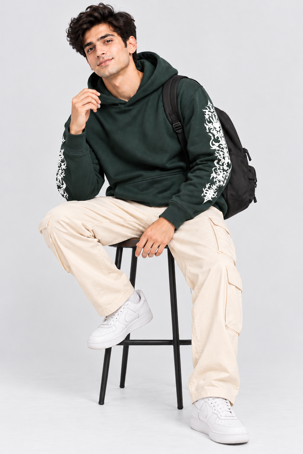 Men's Hooded Sweatshirt with White Graphic Print | 400+ GSM | Dark Green