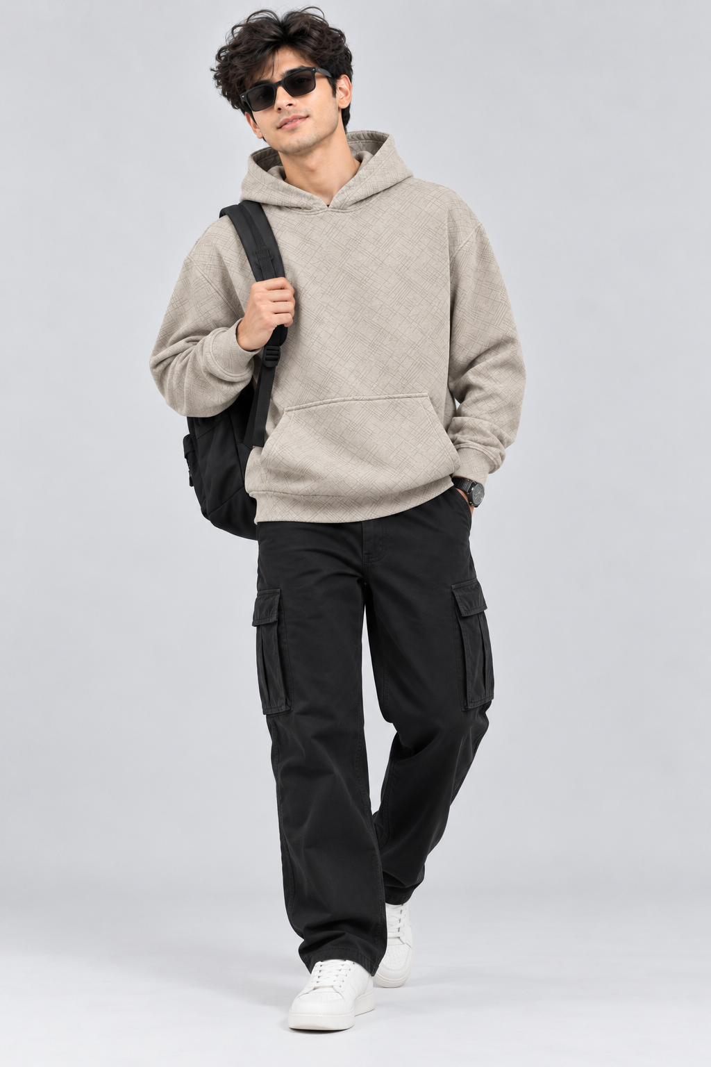 Amoldo Men's Printed Pullover Hooded Sweatshirt | 400+ GSM | Cream