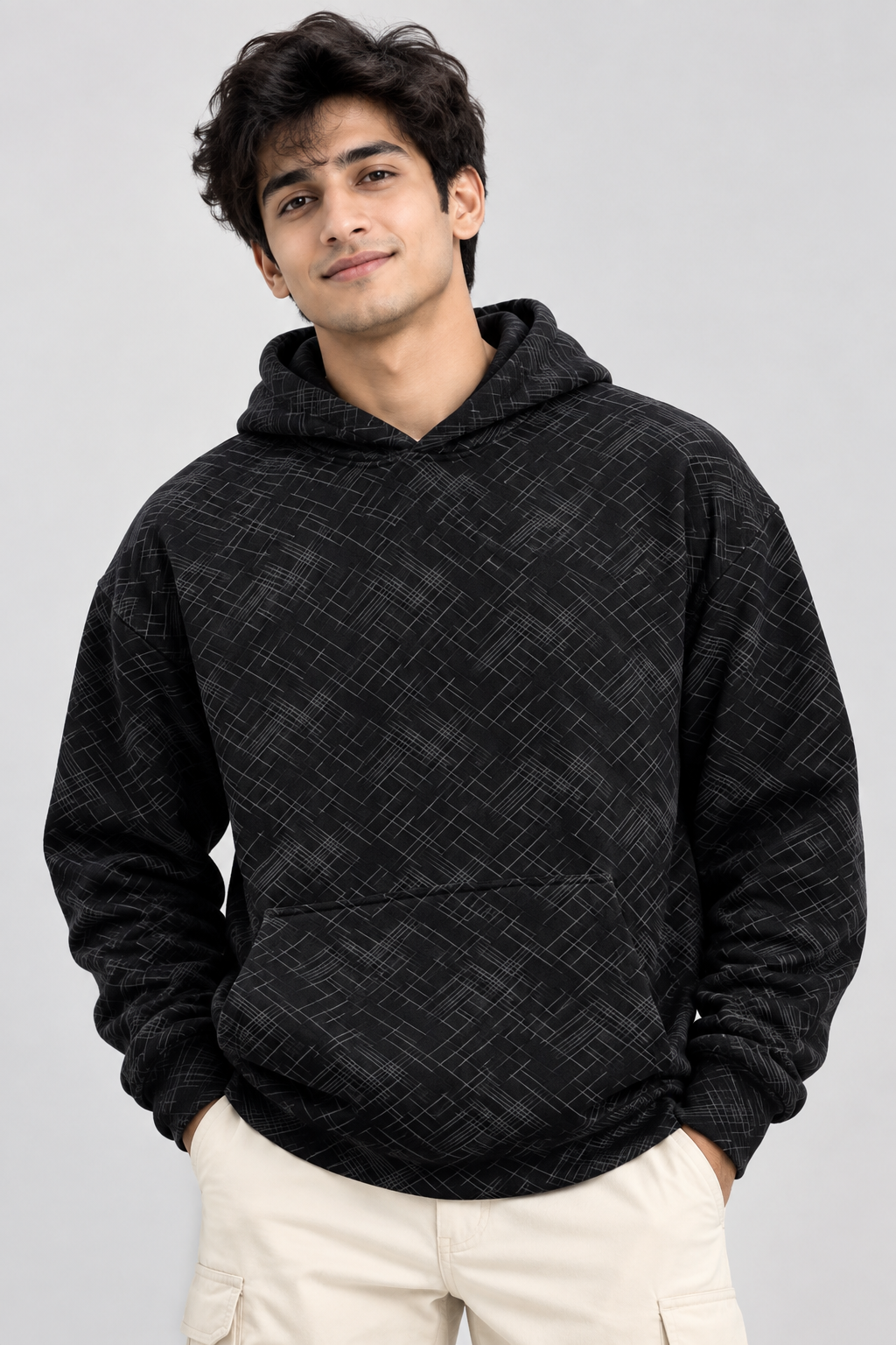 Amoldo Men's Printed Pullover Hooded Sweatshirt | 400+ GSM | Black
