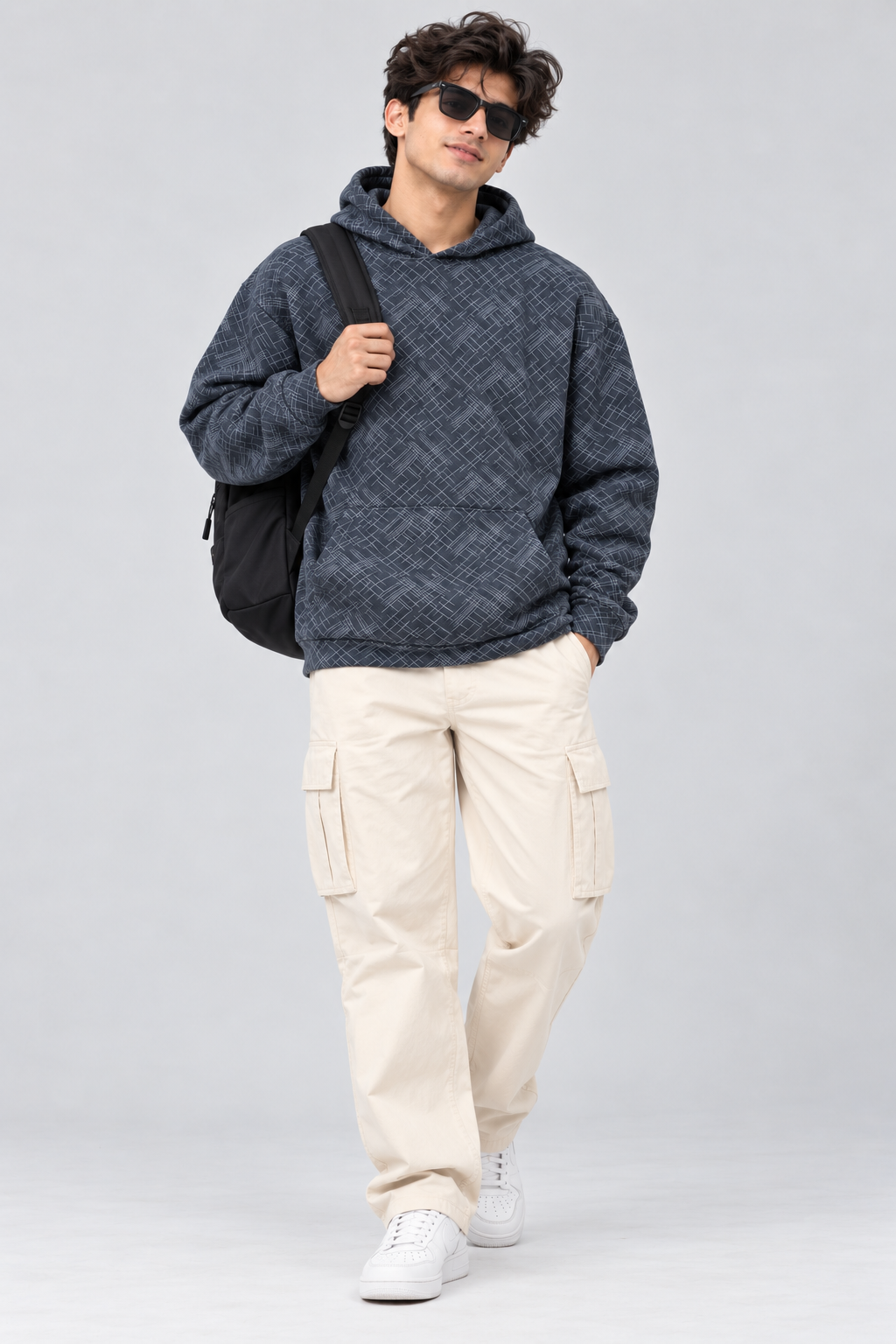 Amoldo Men's Printed Pullover Hooded Sweatshirt | 400+ GSM | Navy