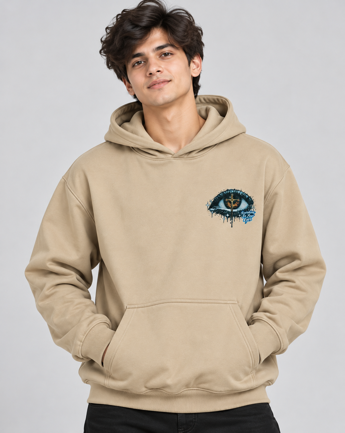 Amoldo Men's Fleece Hoodie with Graphic Print | 400+ GSM Sweatshirt | Beige