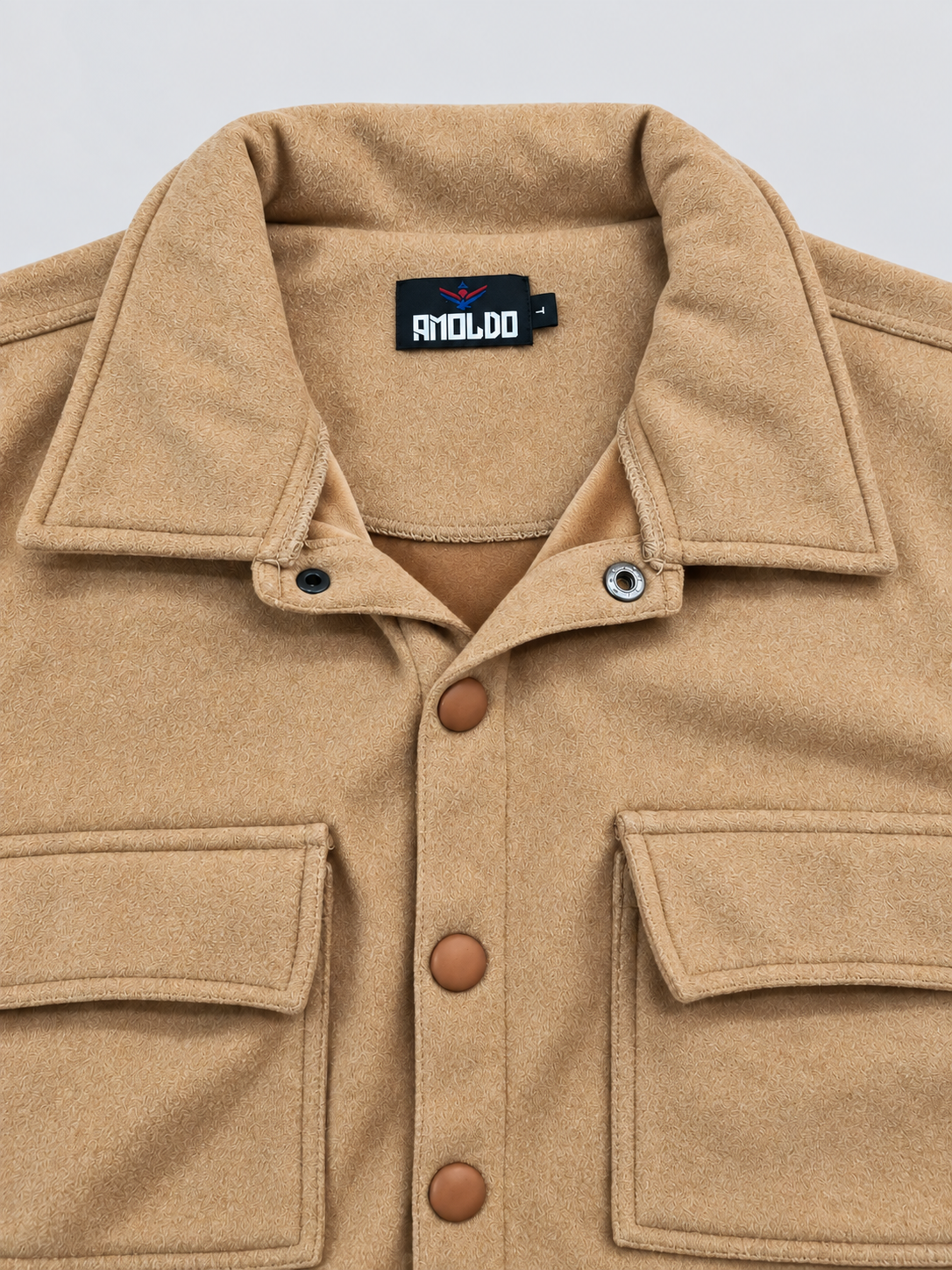 AMOLDO Men's Shacket with Snap Button Closure and Dual Chest Pockets | Velvet Fleece Lined | Beige