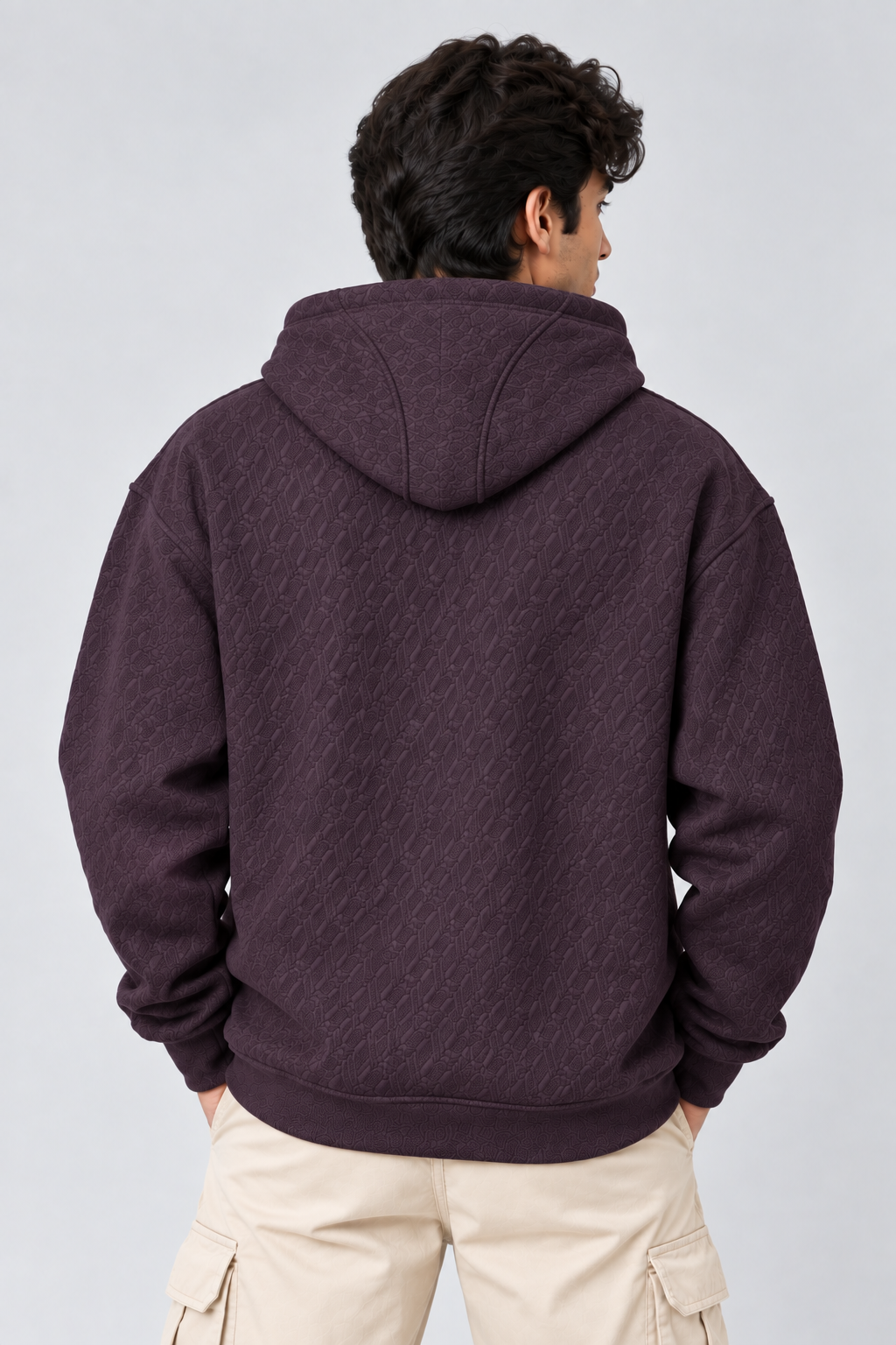 AMOLDO Men's Textured Pullover Hoodie with Kangaroo Pocket | Dark Plum