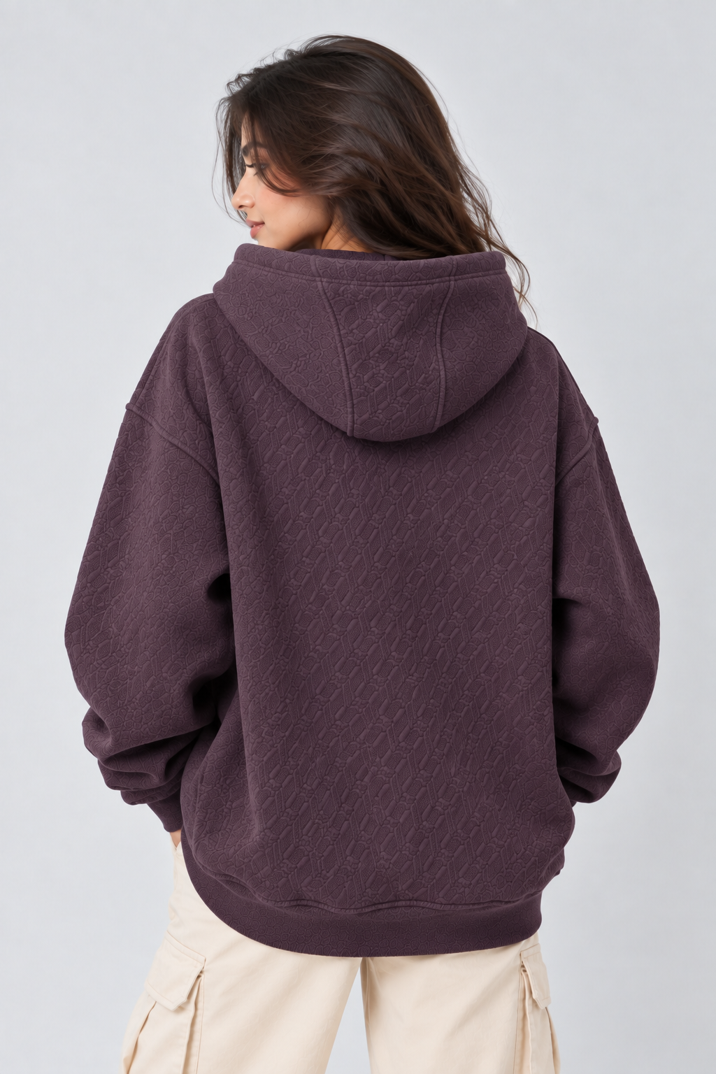 AMOLDO Women's Oversized Textured Pullover Hoodie | 400+ GSM | Dark Plum