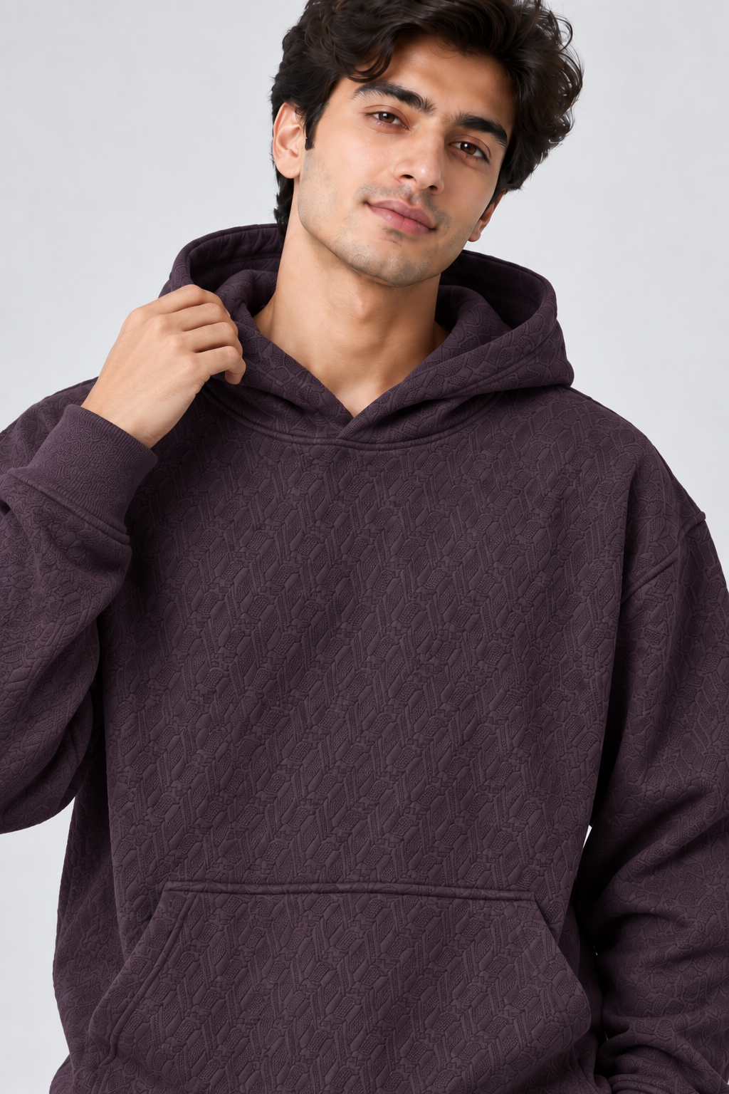 AMOLDO Men's Textured Pullover Hoodie with Kangaroo Pocket | Dark Plum
