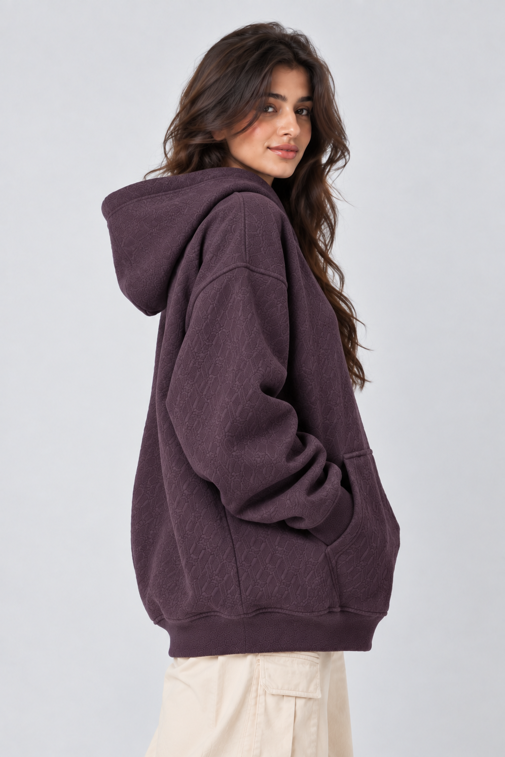 AMOLDO Women's Oversized Textured Pullover Hoodie | 400+ GSM | Dark Plum