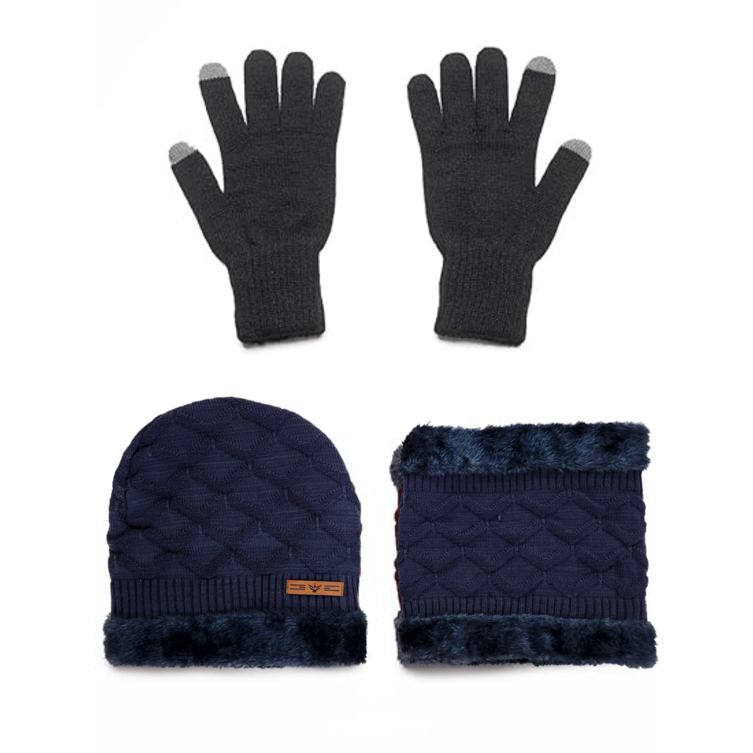 Woolen Knit Unisex Beanie Cap and Neck Warmer Set with Double Fur Lining and Gloves Combo - Navy