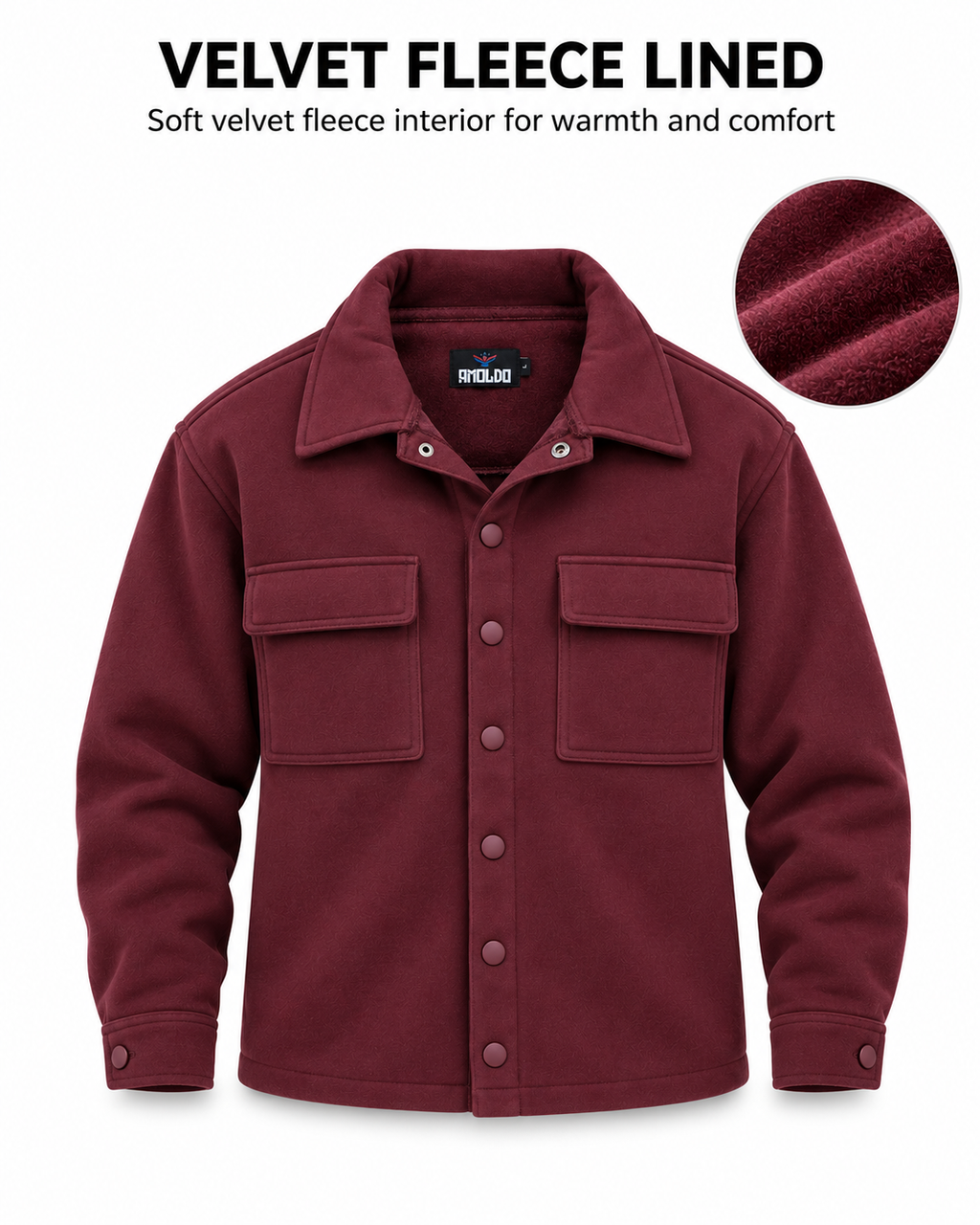 AMOLDO Men's Shacket with Snap Button Closure and Dual Chest Pockets | Velvet Fleece Lined | Wine