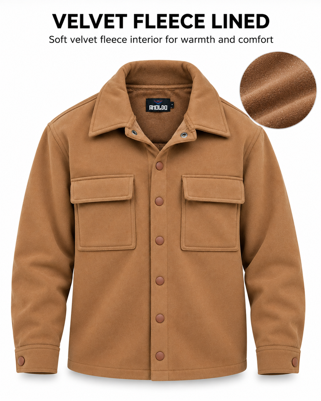 AMOLDO Men's Shacket with Snap Button Closure and Dual Chest Pockets | Velvet Fleece Lined | Brown