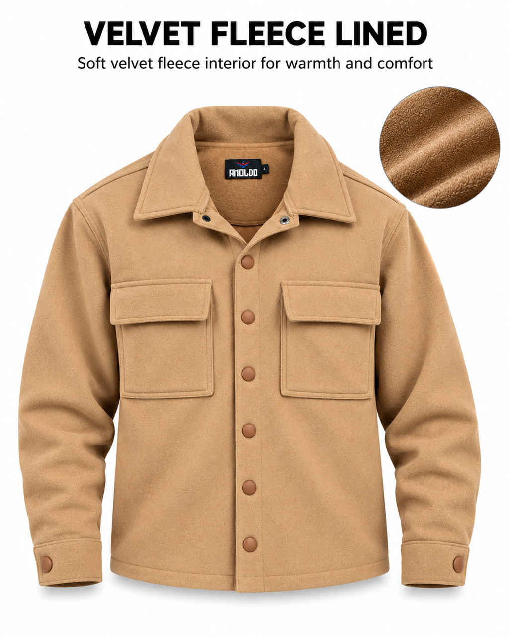 AMOLDO Men's Shacket with Snap Button Closure and Dual Chest Pockets | Velvet Fleece Lined | Beige