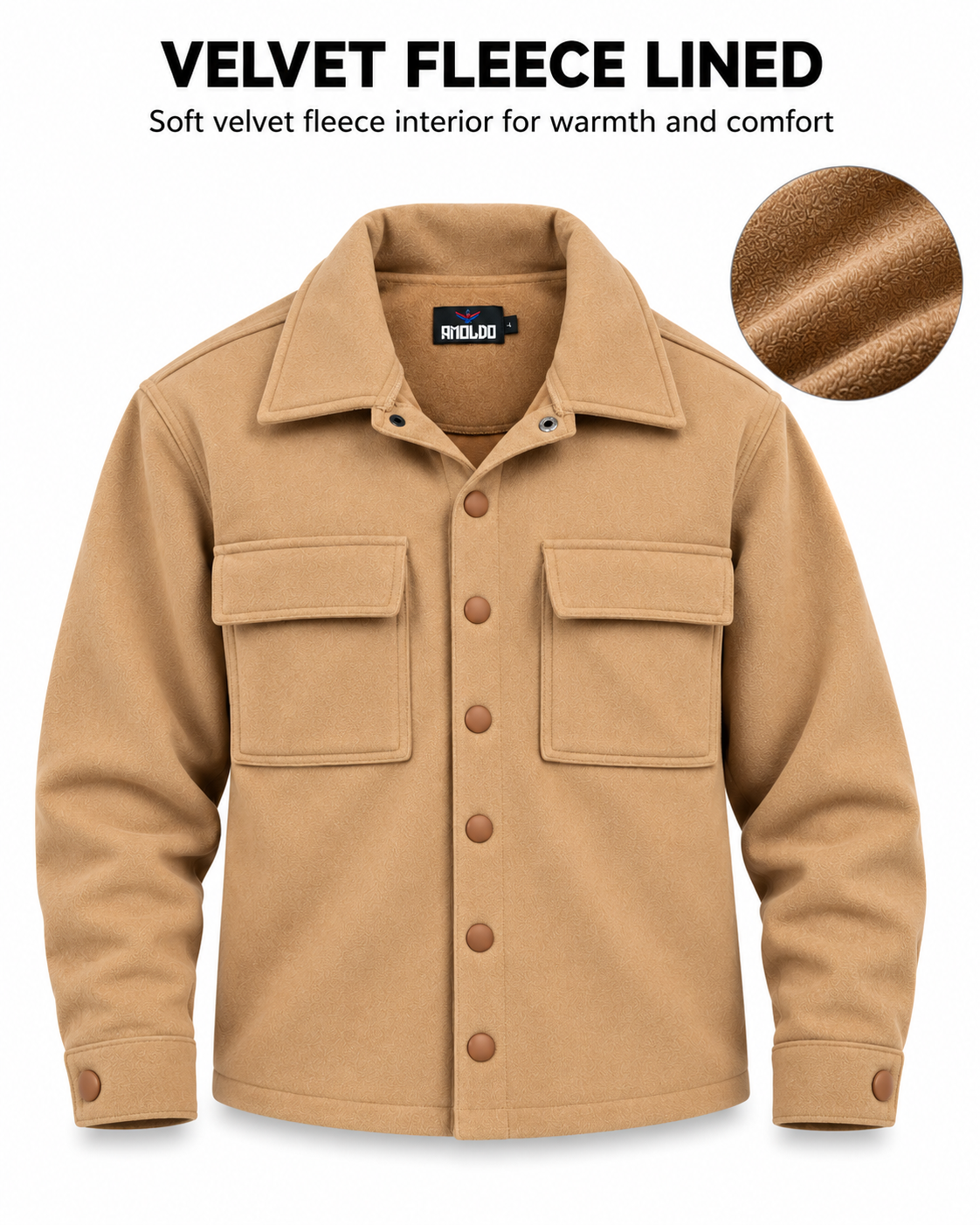 AMOLDO Men's Shacket with Snap Button Closure and Dual Chest Pockets | Velvet Fleece Lined | Beige