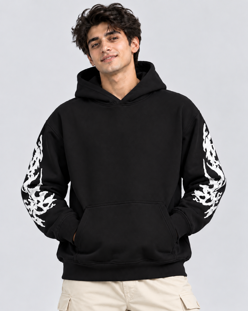 Men's Hooded Sweatshirt with White Graphic Print | 400+ GSM | Black