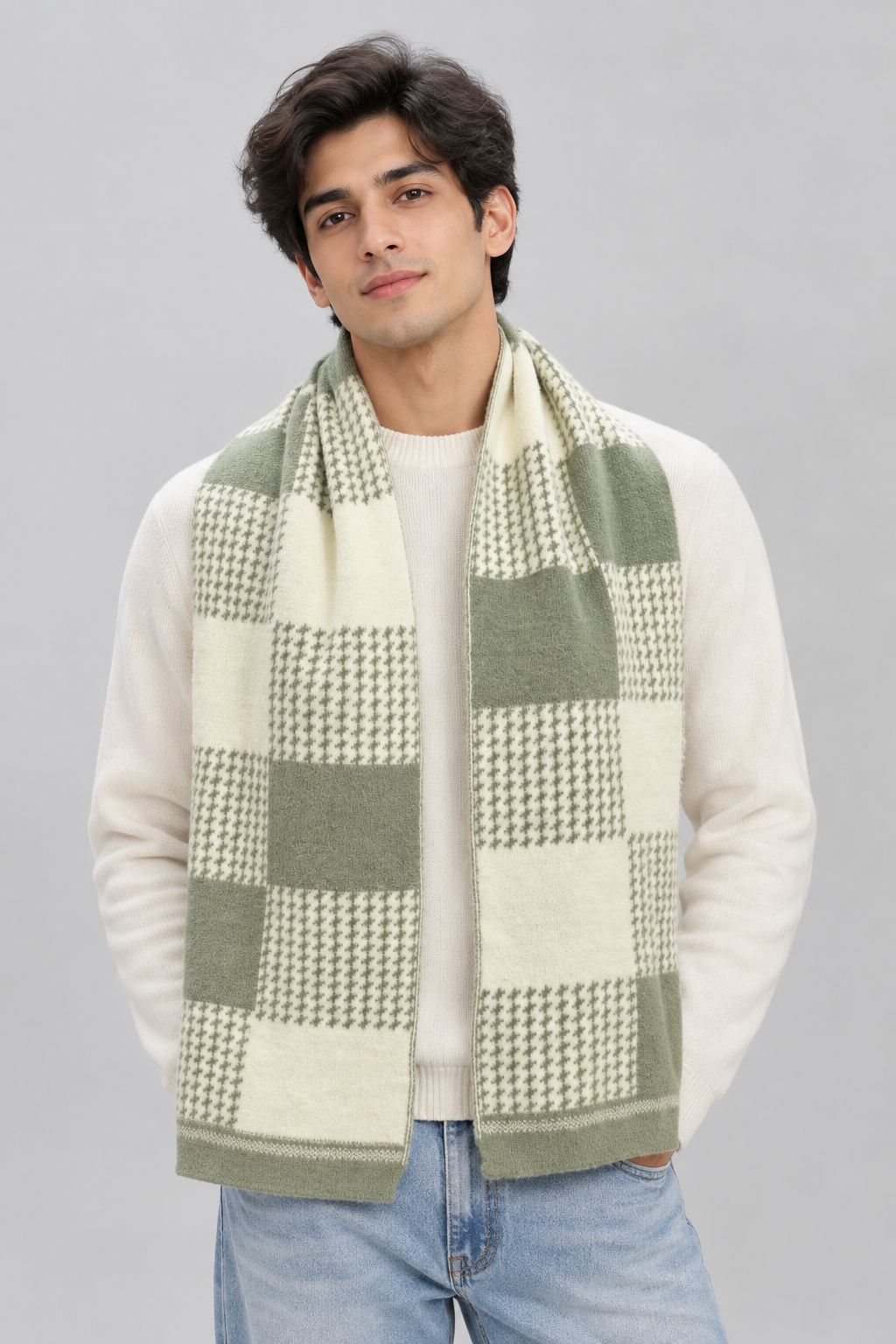 Unisex Winter Muffler Scarf for Men and Women with Checkered Pattern | Sage Green