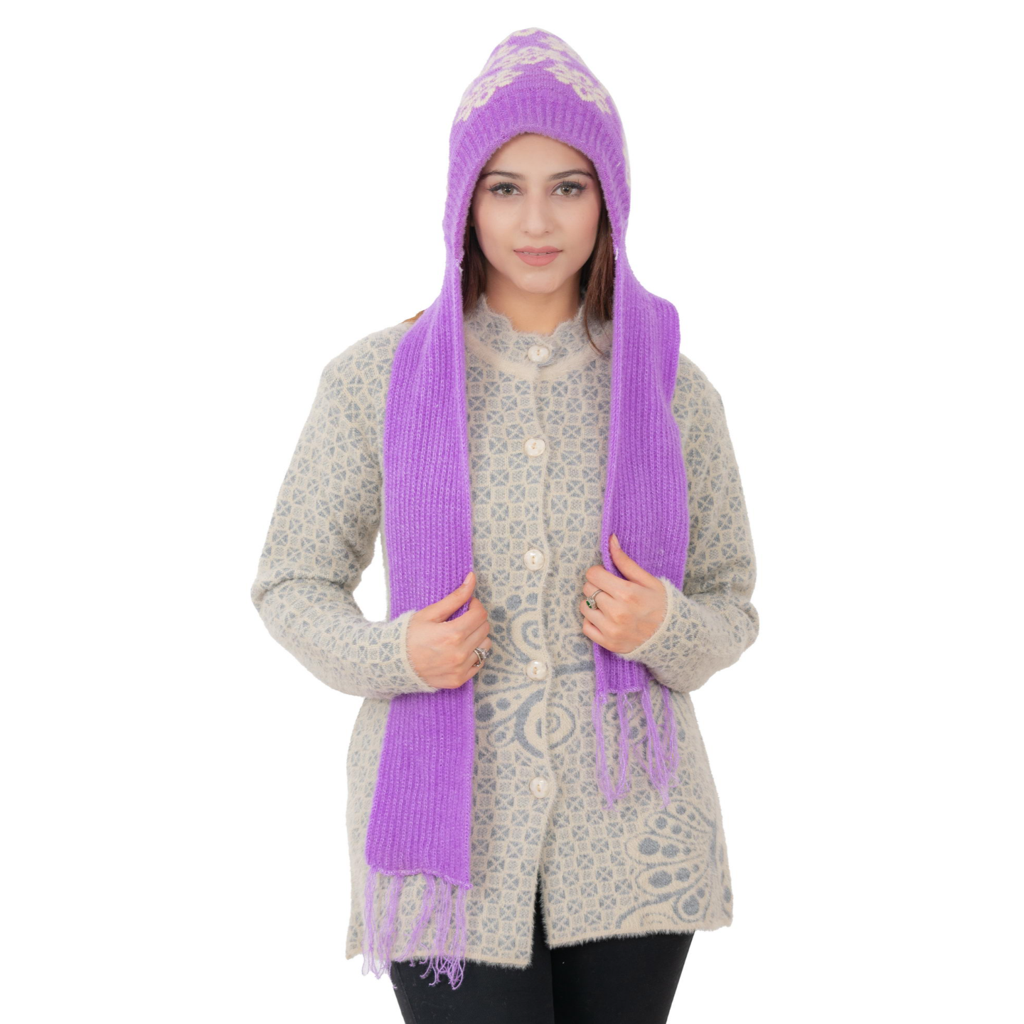 Woolen Printed Muffler Cap for Women- Purple | AMOLDO