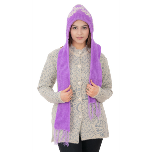 Woolen Printed Muffler Cap for Women- Purple | AMOLDO