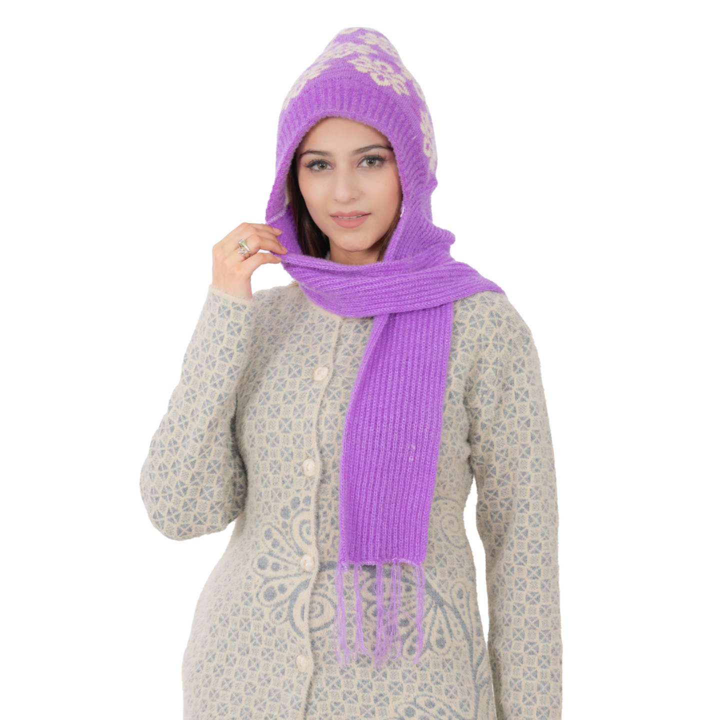 Woolen Printed Muffler Cap for Women- Purple | AMOLDO