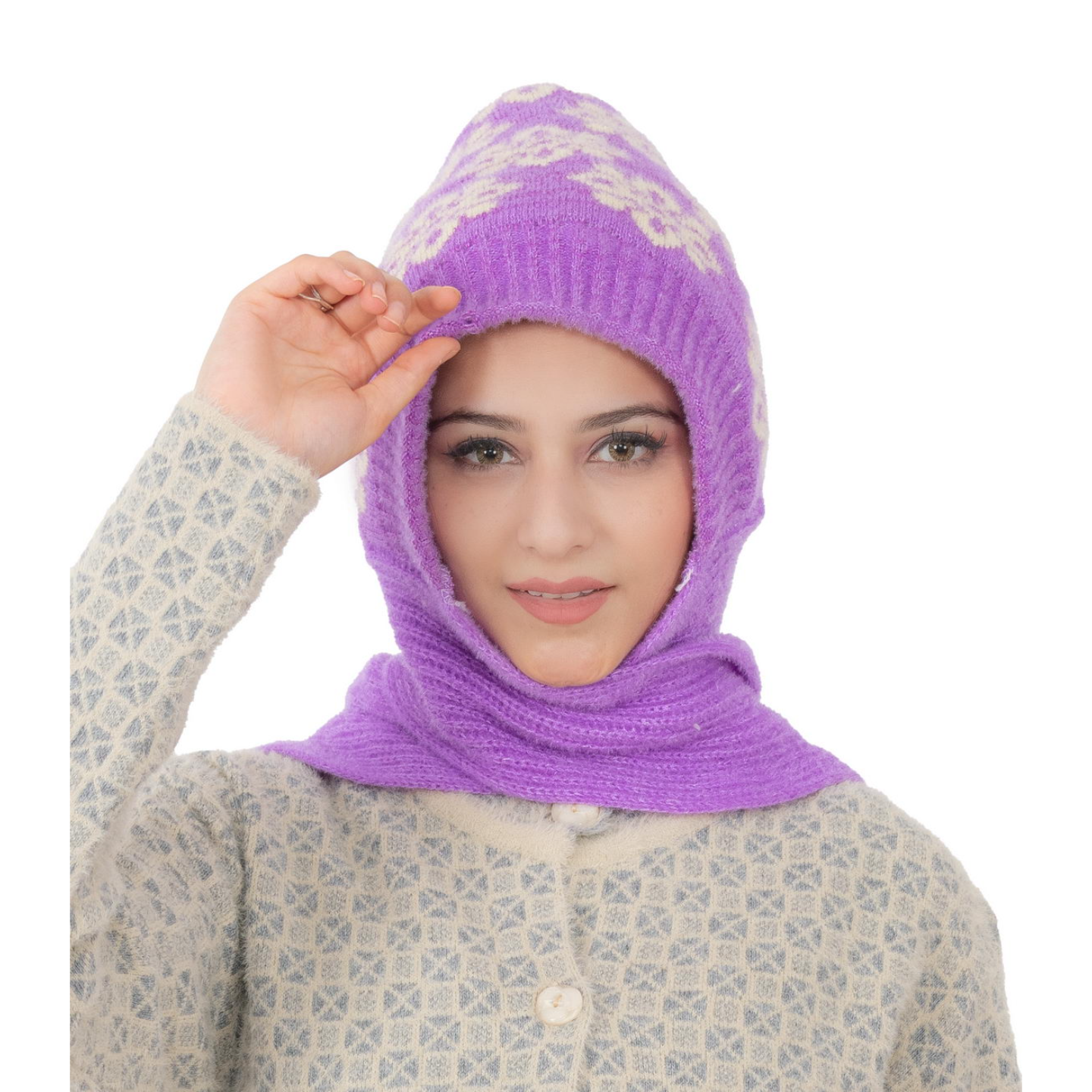 Woolen Printed Muffler Cap for Women- Purple | AMOLDO