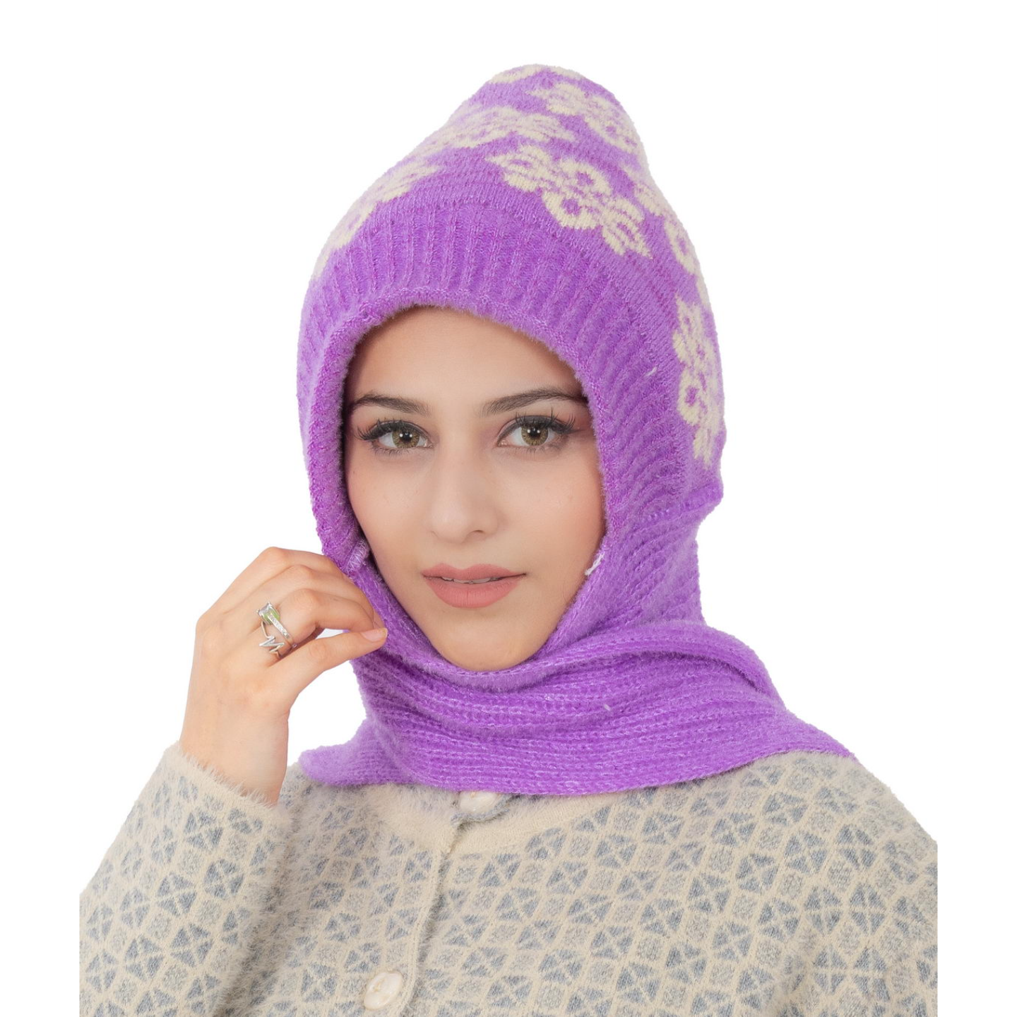 Woolen Printed Muffler Cap for Women- Purple | AMOLDO