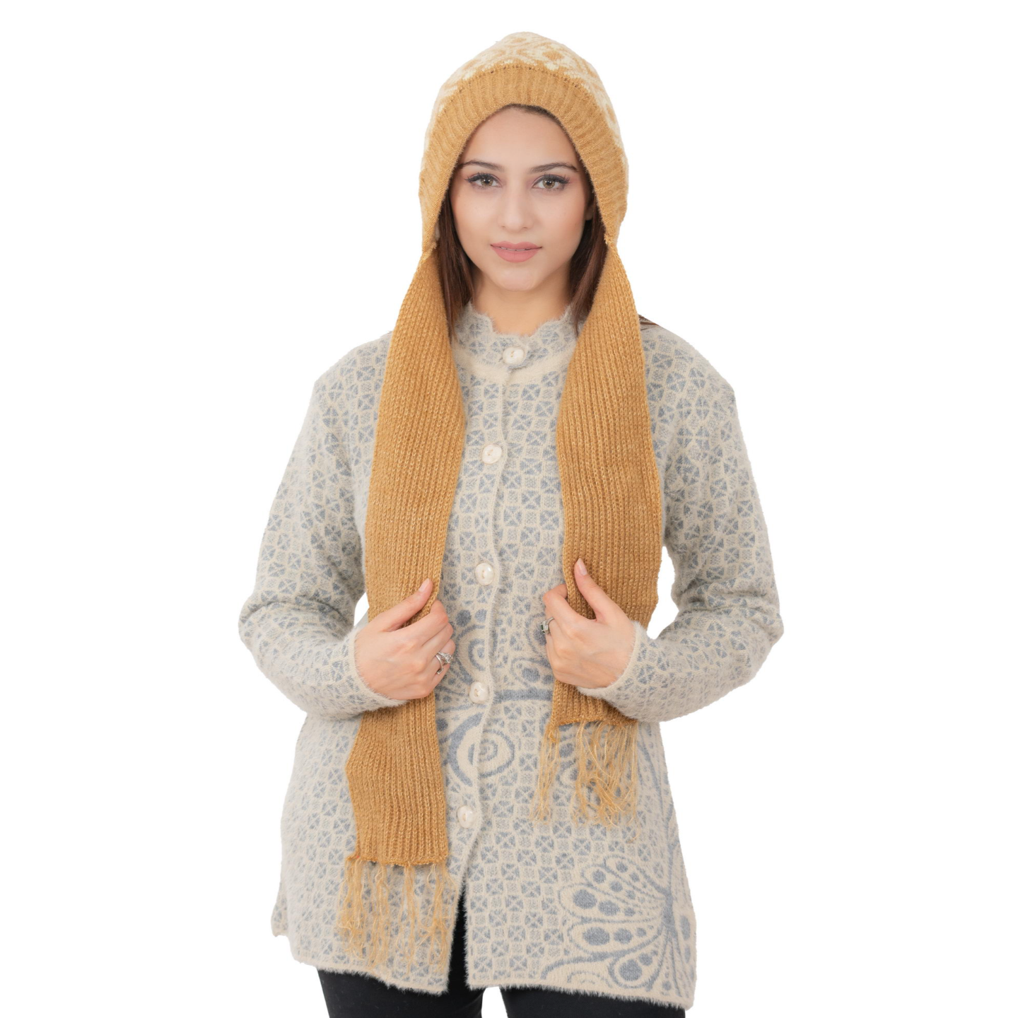 Woolen Printed Muffler Cap for Women- Beige | AMOLDO