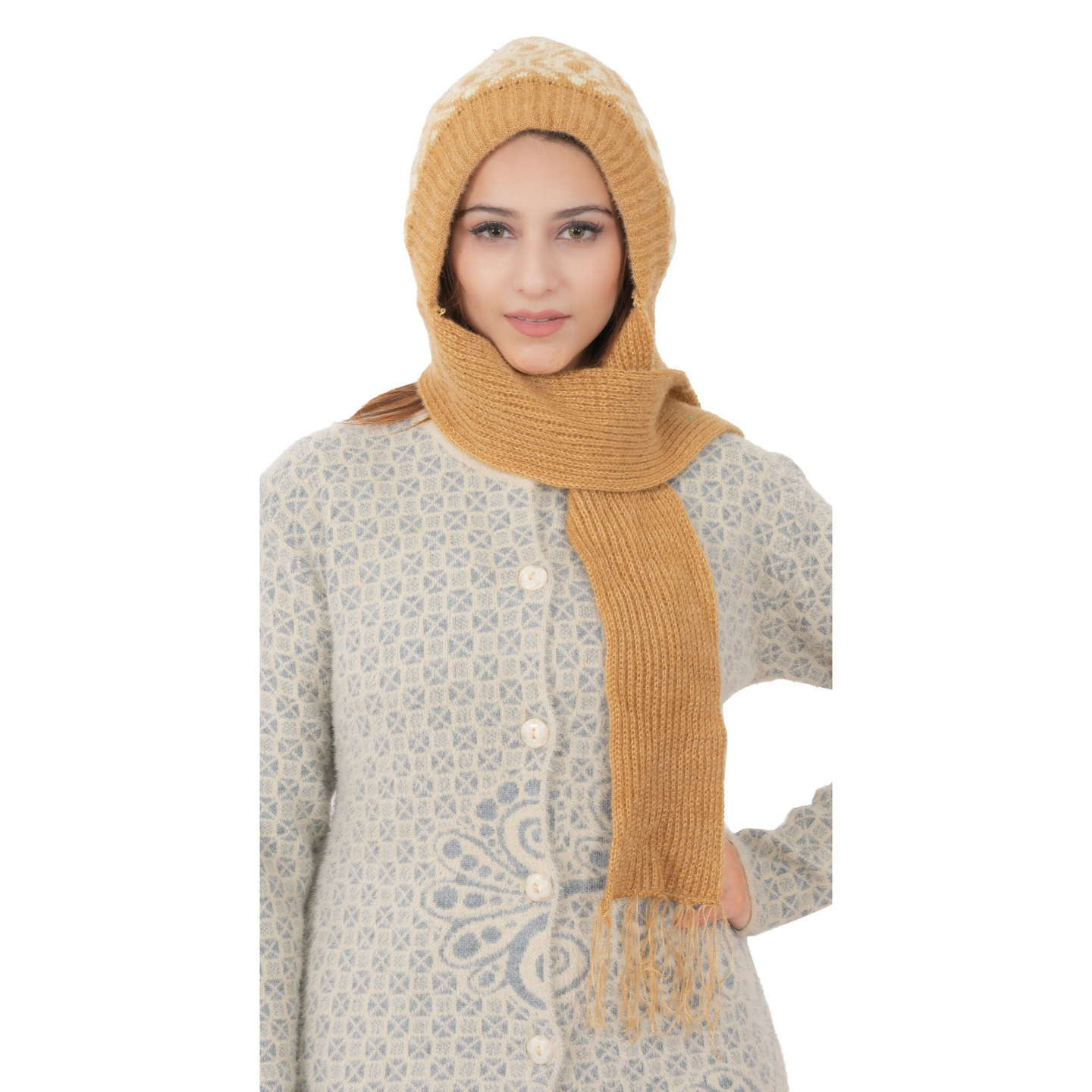 Woolen Printed Muffler Cap for Women- Beige | AMOLDO