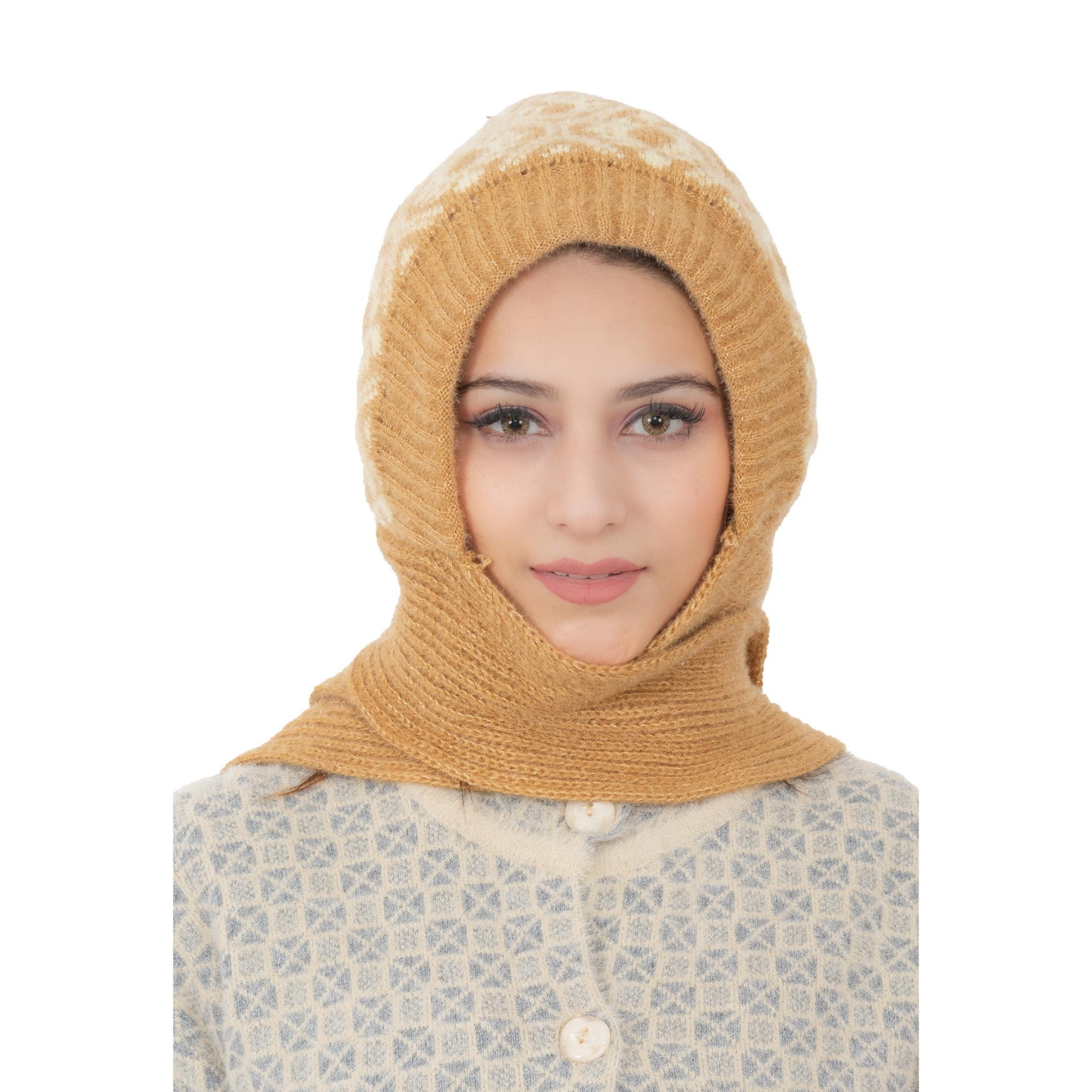 Woolen Printed Muffler Cap for Women- Beige | AMOLDO