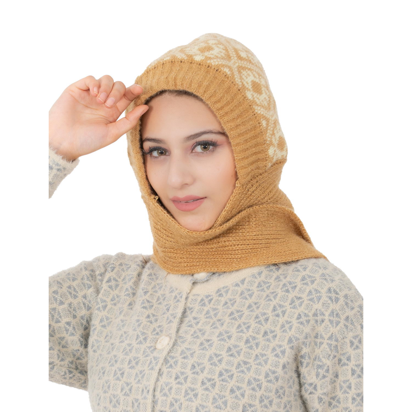 Woolen Printed Muffler Cap for Women- Beige | AMOLDO