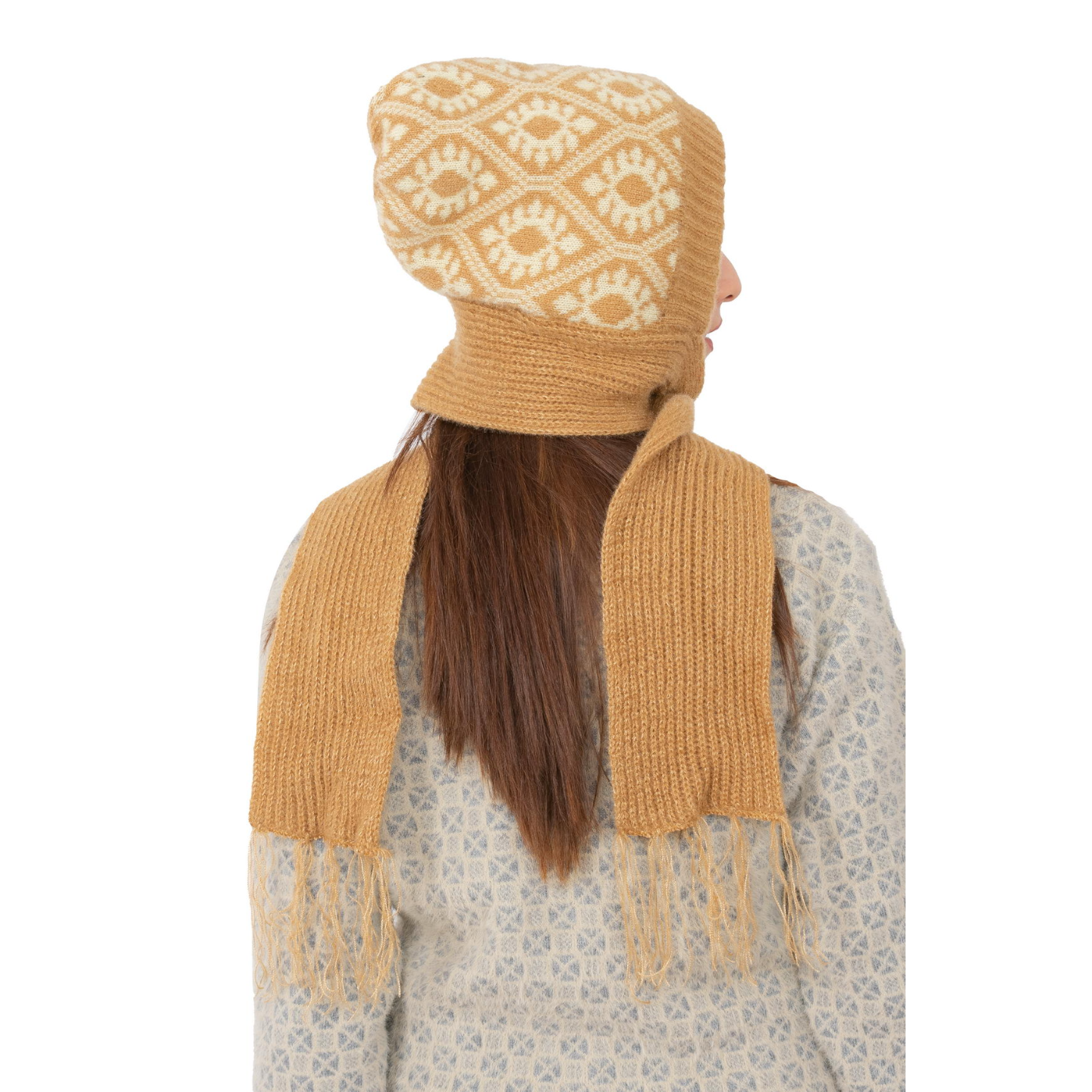 Woolen Printed Muffler Cap for Women- Beige | AMOLDO