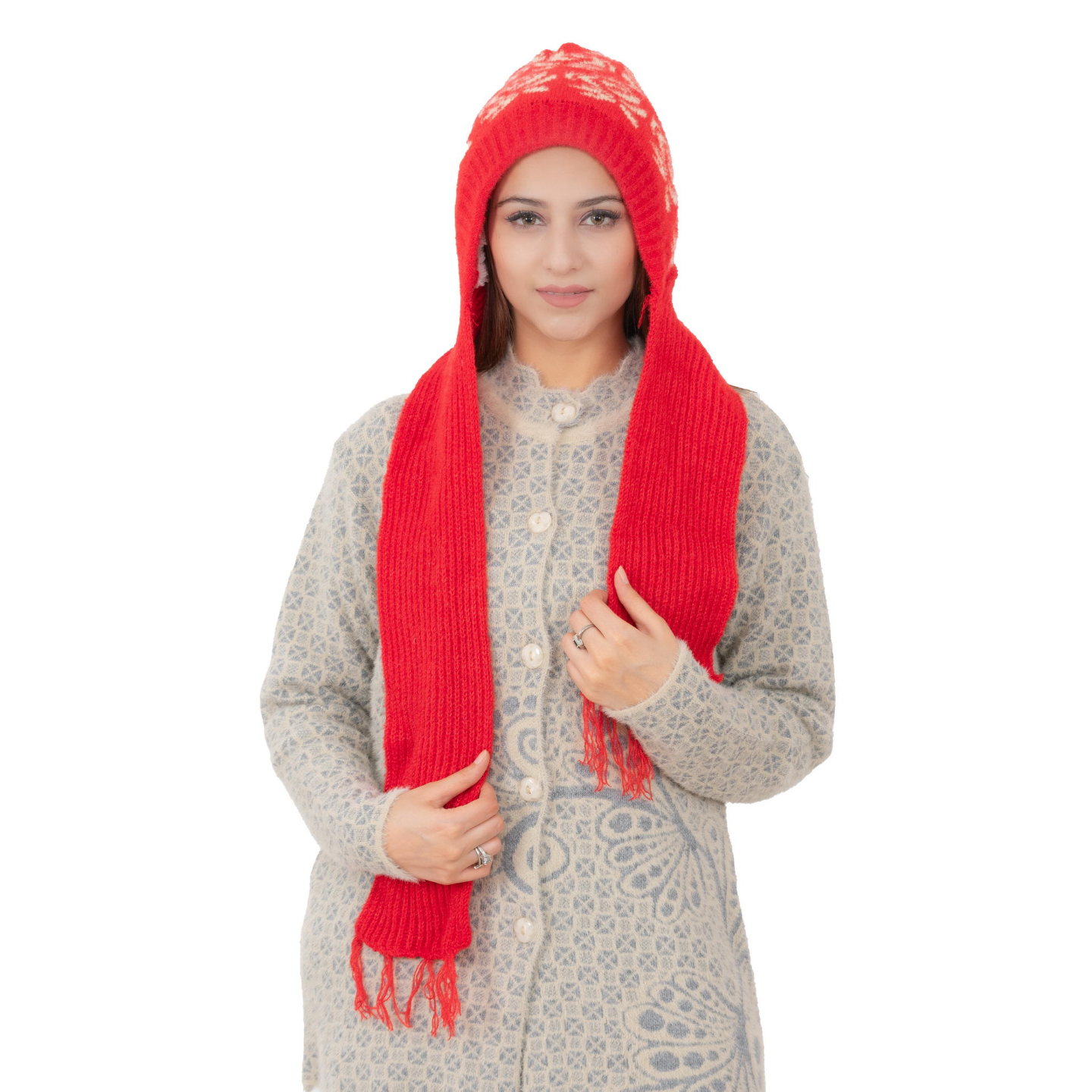 Woolen Printed Muffler Cap for Women- Red | AMOLDO