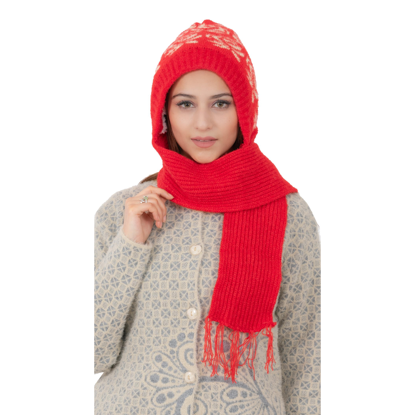 Woolen Printed Muffler Cap for Women- Red | AMOLDO