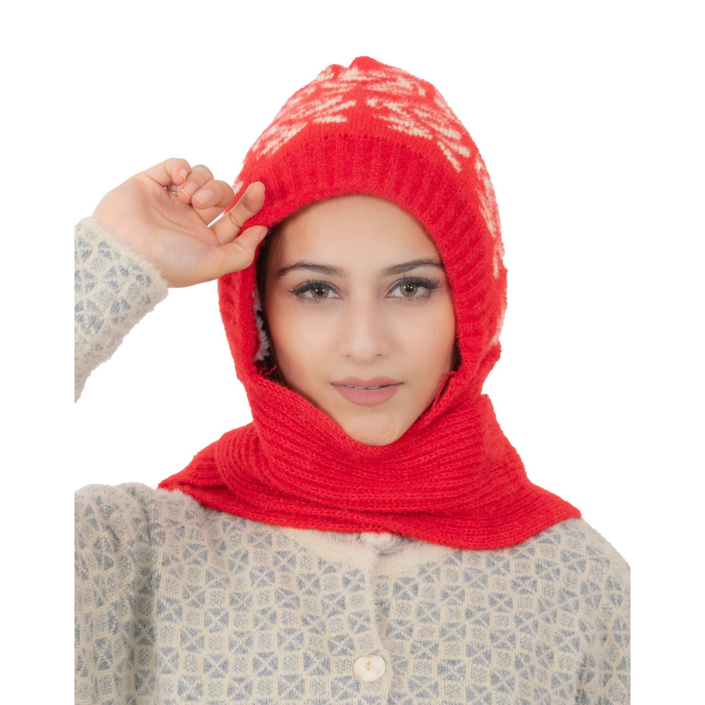 Woolen Printed Muffler Cap for Women- Red | AMOLDO