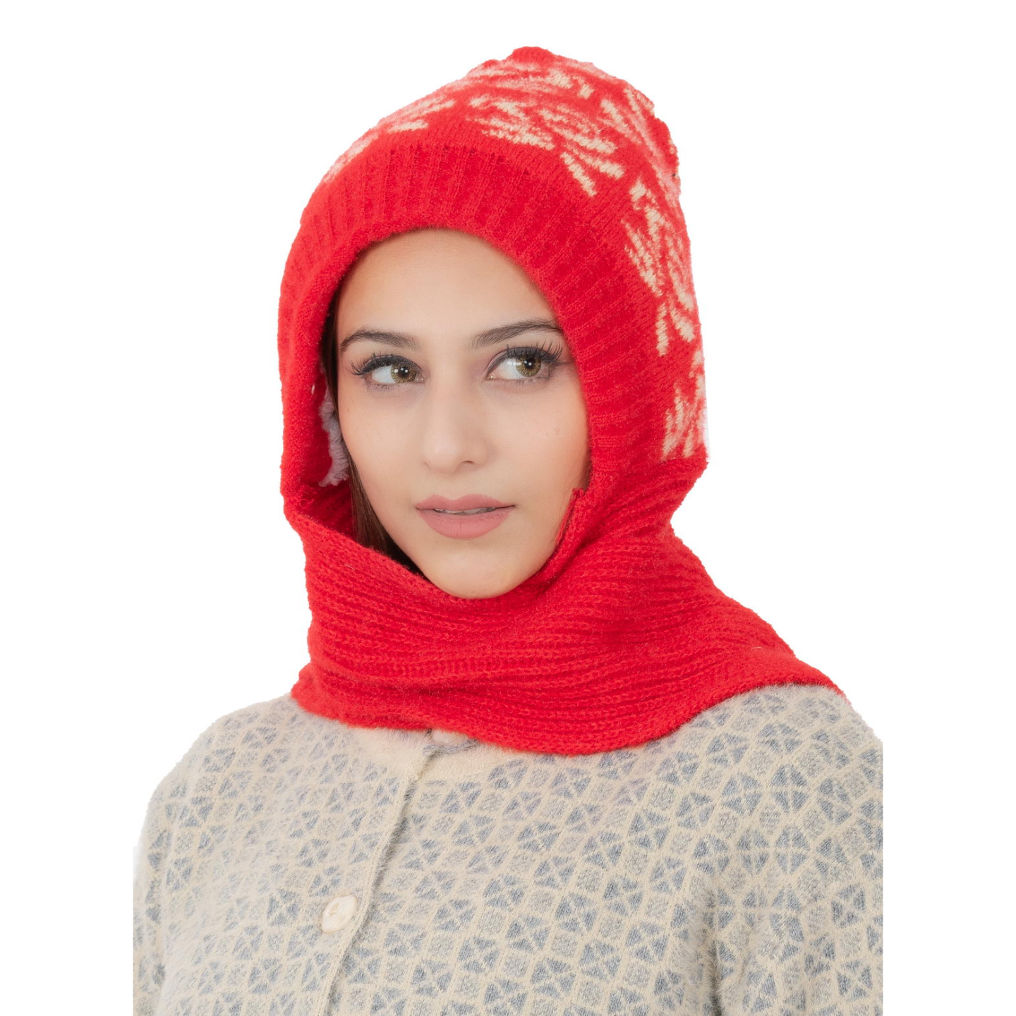 Woolen Printed Muffler Cap for Women- Red | AMOLDO